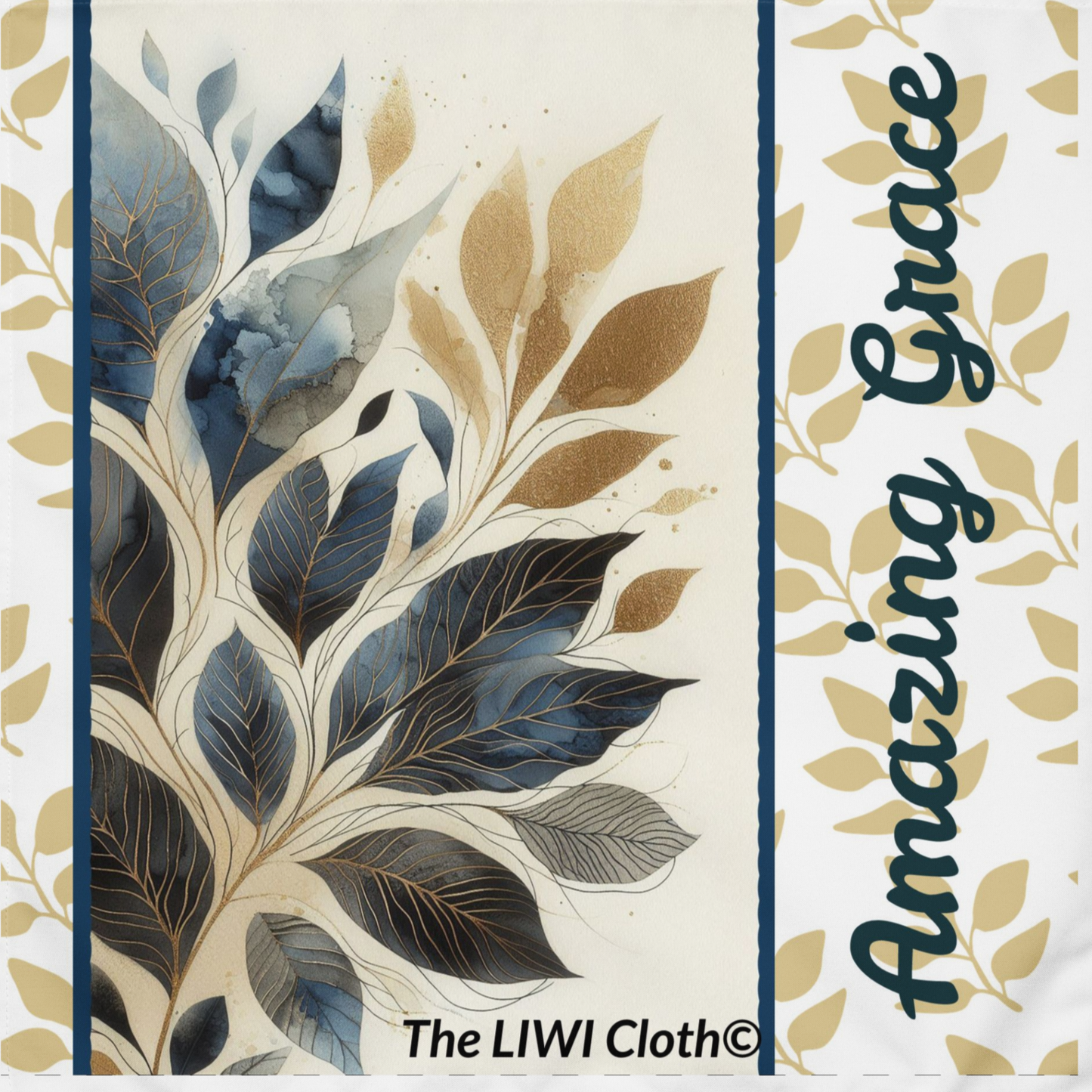 Front of Amazing Grace LIWI Lap cloth with blue and beige background with text saying 'Amazing Grace'
