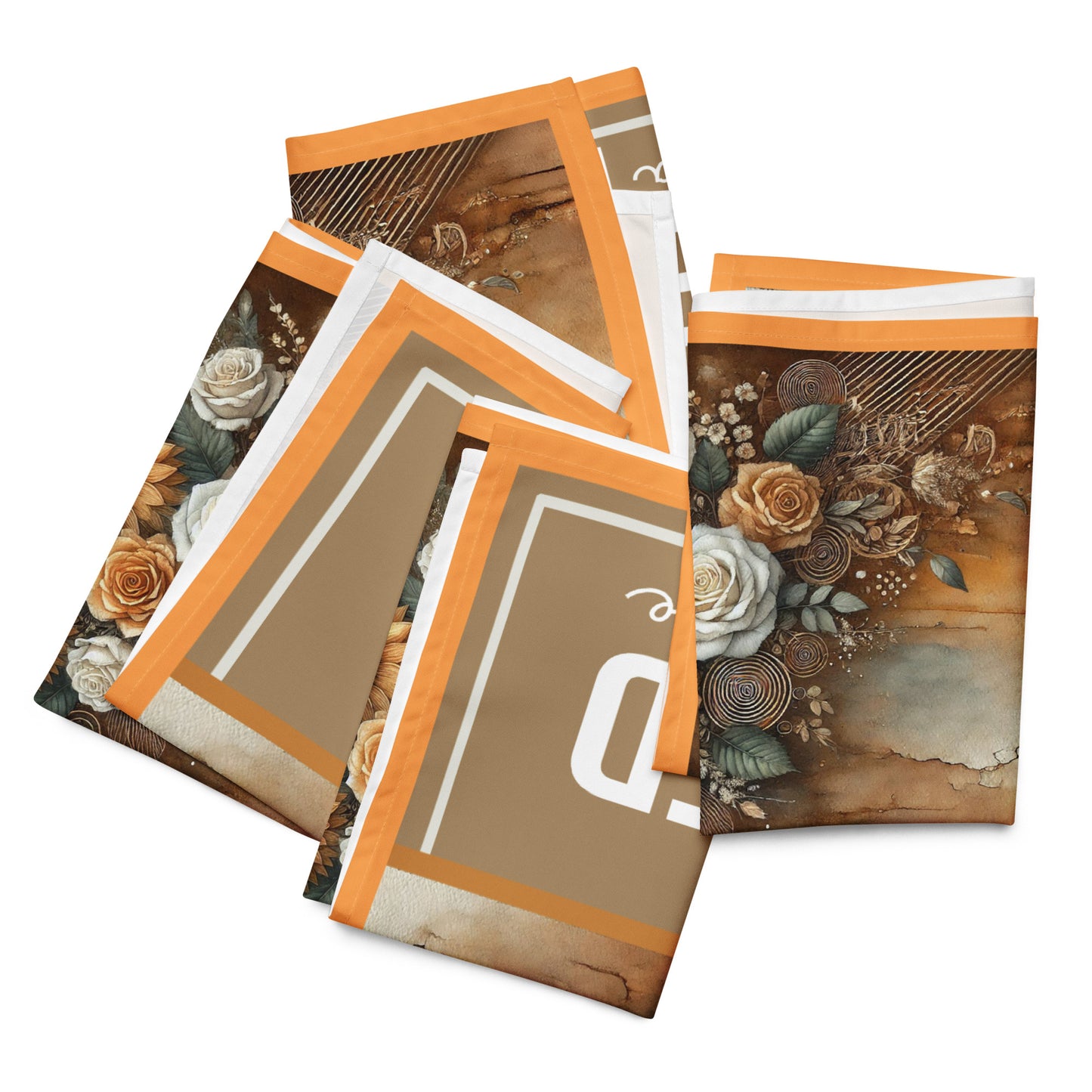 Four folded cloth tan, orange, brown, beige floral background with text saying 'Created with a purpose'