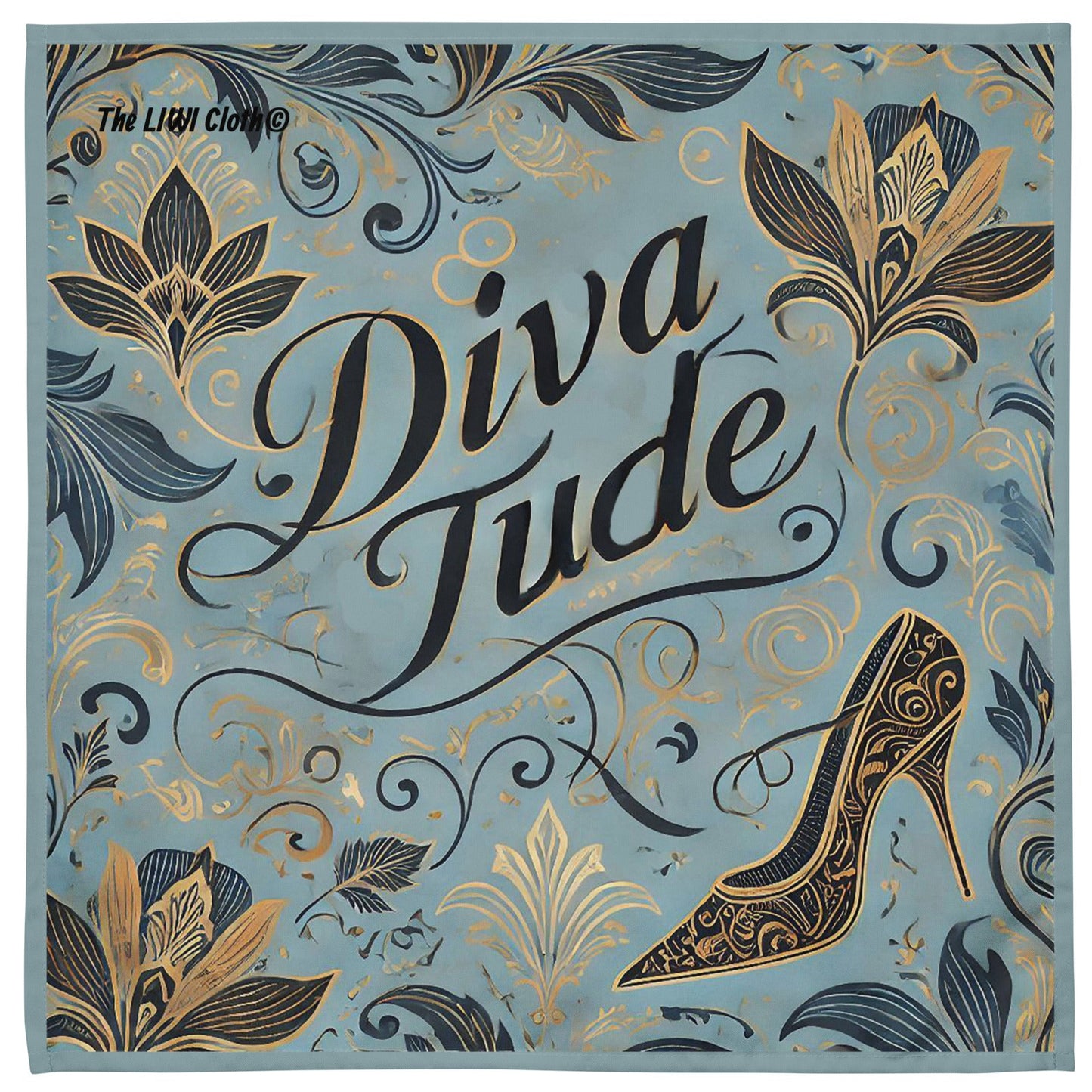 Front of LIWI DivaTude Boss with light blue background and navy and gold accents and blue heel shoe and text saying 'DivaTude'