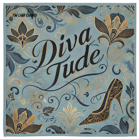 Front of LIWI DivaTude Boss with light blue background and navy and gold accents and blue heel shoe and text saying 'DivaTude'