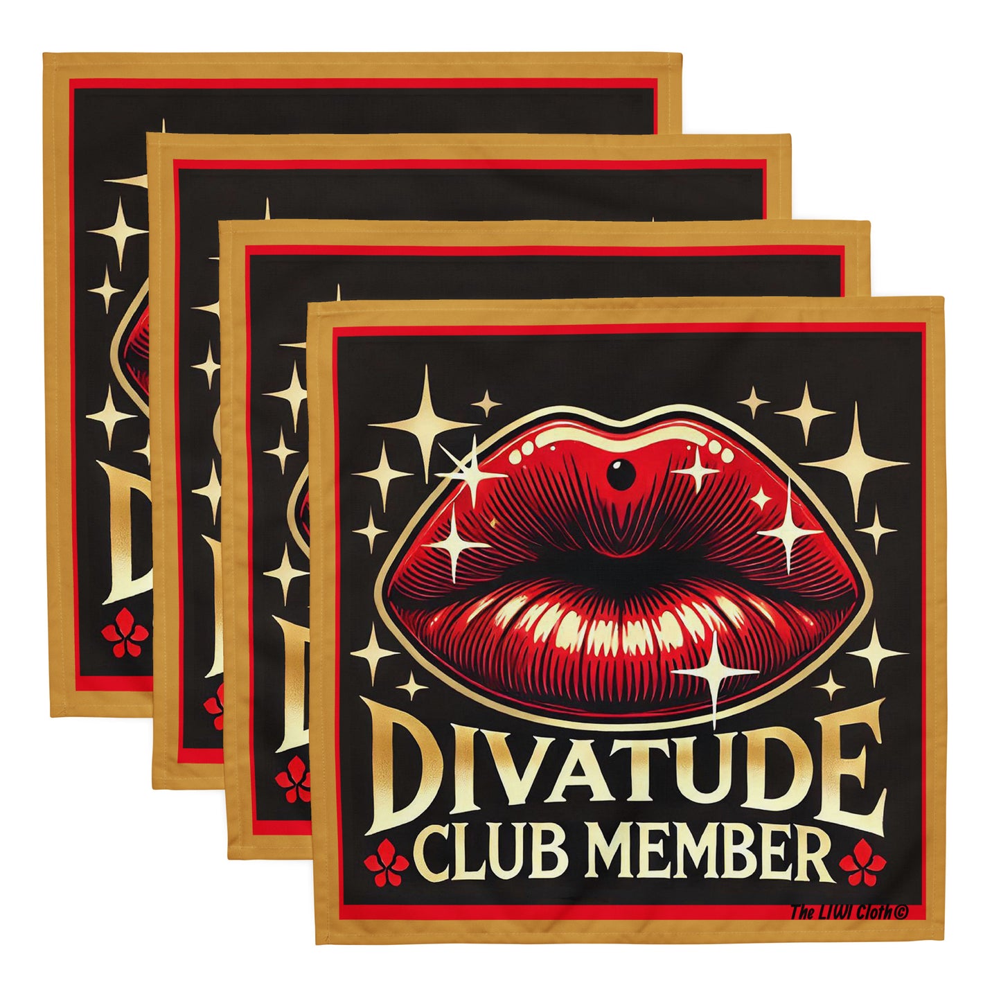 Front of 4 LIWIs with red lips and clod accents on black background with text saying DivaTude Club Member'