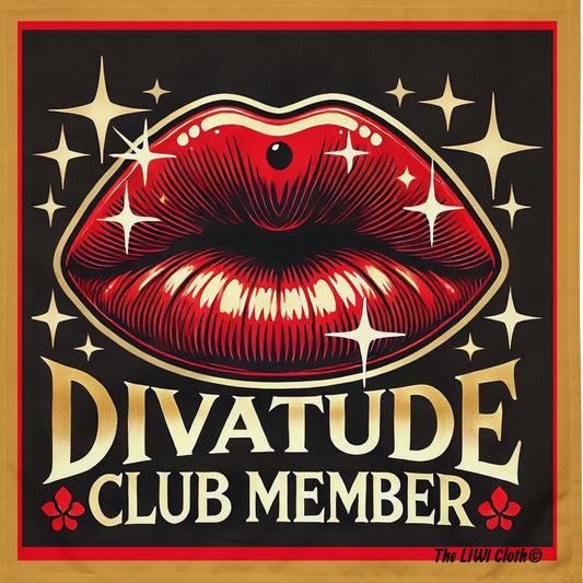 Front of LIWI with red lips and clod accents on black background with text saying DivaTude Club Member'