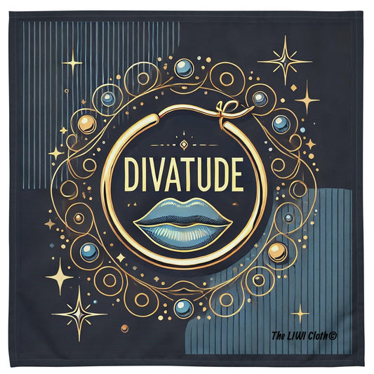 Front of LIWI clothe with navy blue backgrounds and light blue and gold start accents, blue lips, gold hoop earring and text saying 'DivaTude'