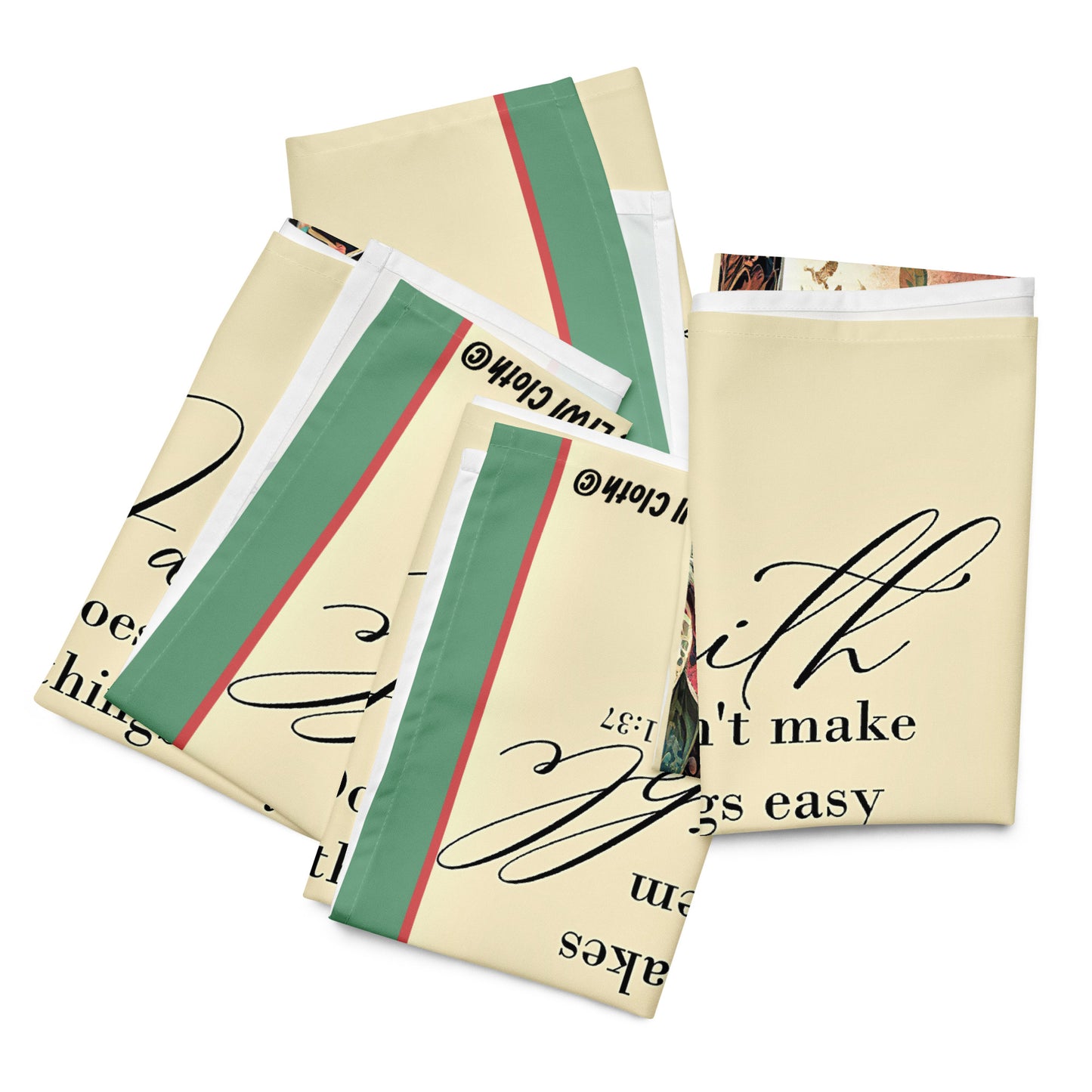 Four folded Faith, Luke 1:37 LIWI Cloth with green and beige cross and flower pattern and text saying 'Faith doesn't make things easy. It makes them possible, Luke 1:37'