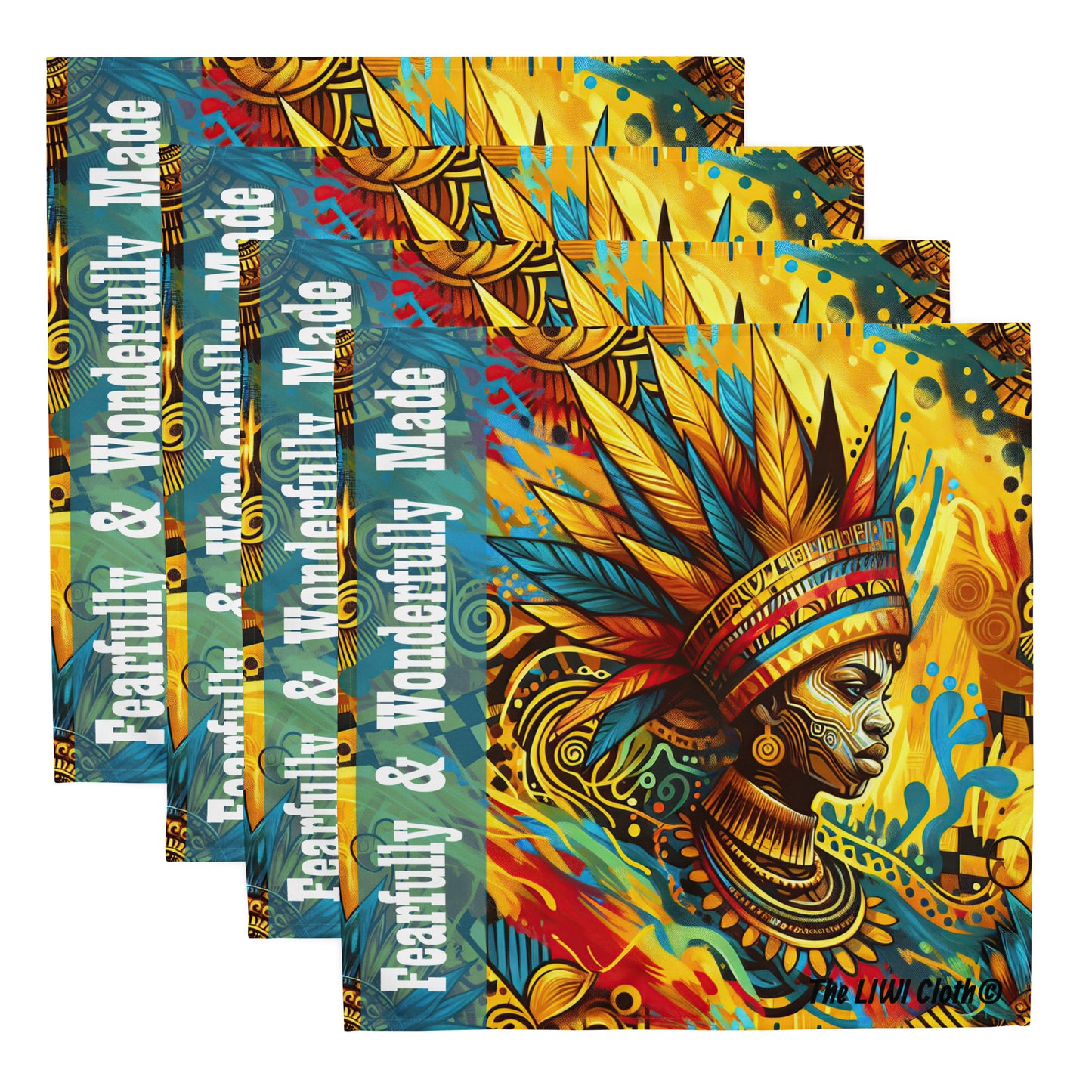 Front of four African themed LIWI Cloth with image of black woman wearing a crown with text saying 'Fearfully & Wonderfully Made'