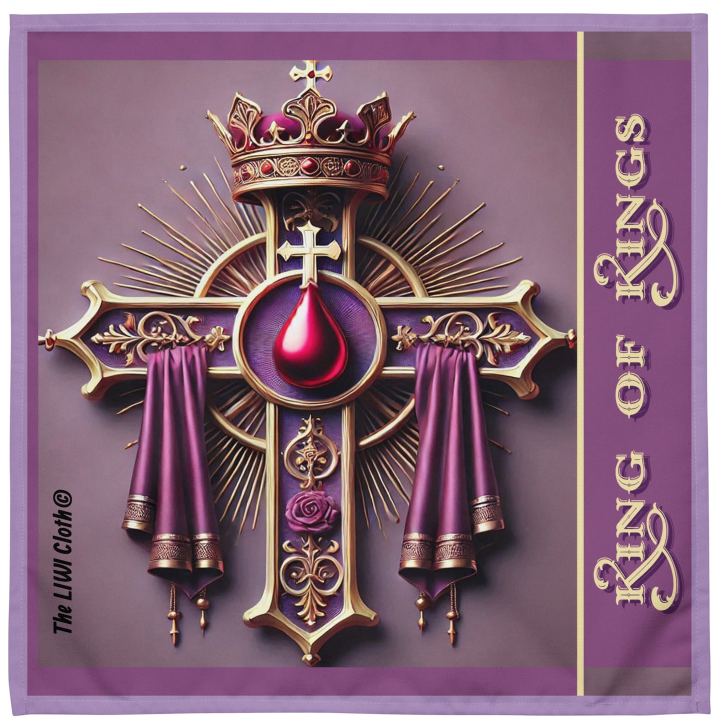 Front of LIWI cloth with purple background with cross, crown, robe, blood drop and text saying 'King of Kings'