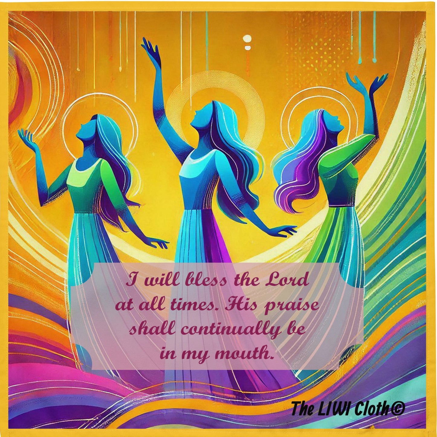 Front of praise dancing LIWI cloth with yellow, blue and purple background, three women praise dancers
