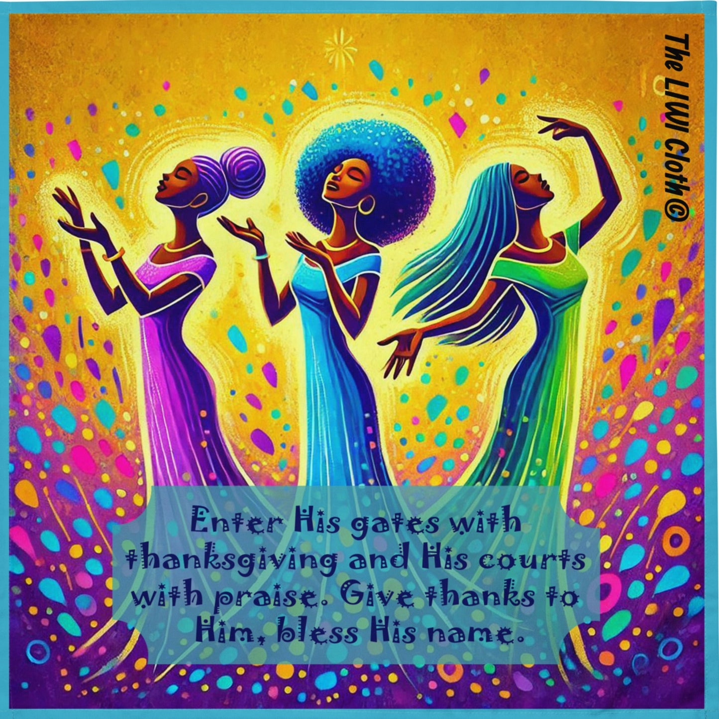 Front of praise dancing LIWI cloth with yellow, blue and purple background, three women praise dancers