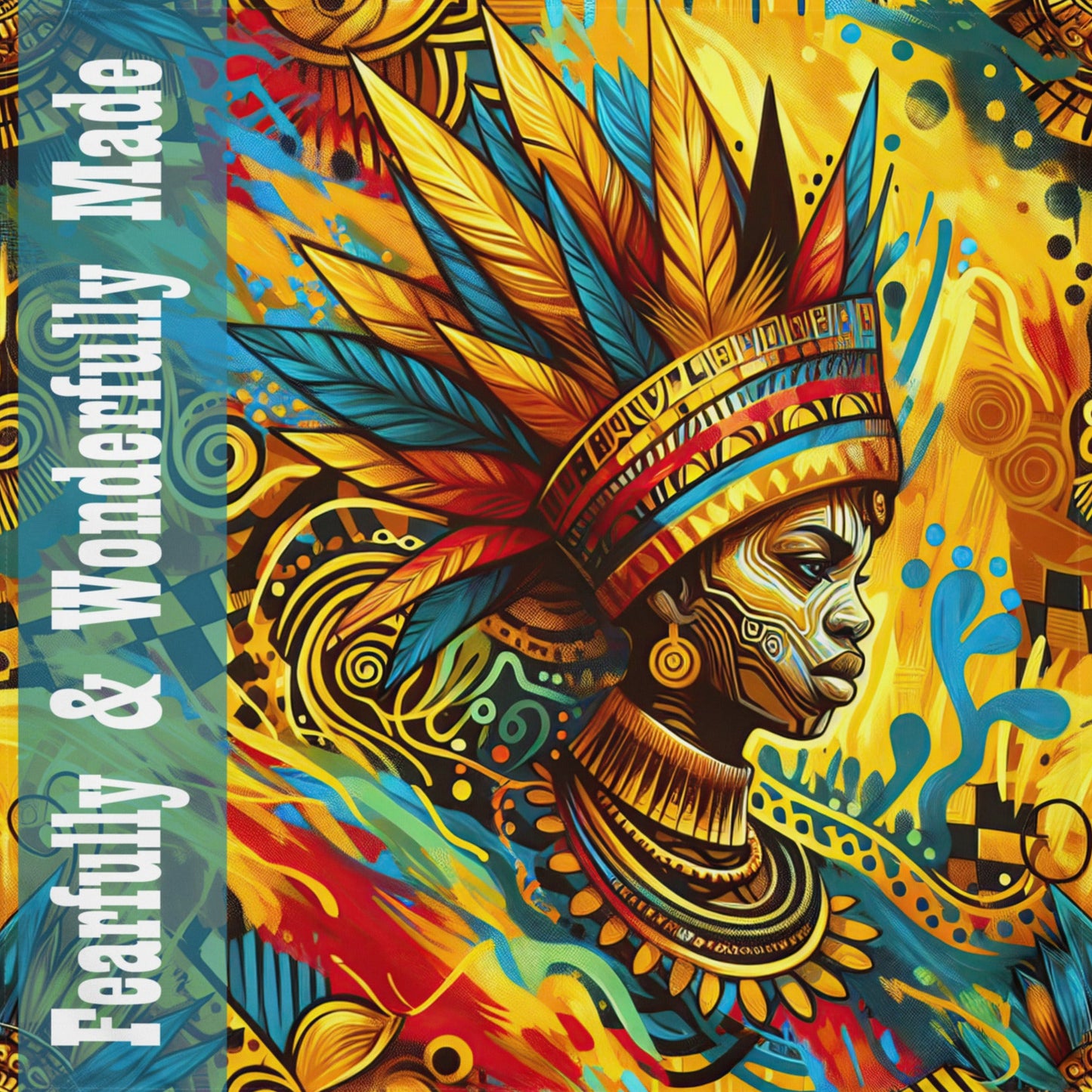 Front of African themed LIWI Cloth with image of black woman wearing a crown with text saying 'Fearfully & Wondefully Made'