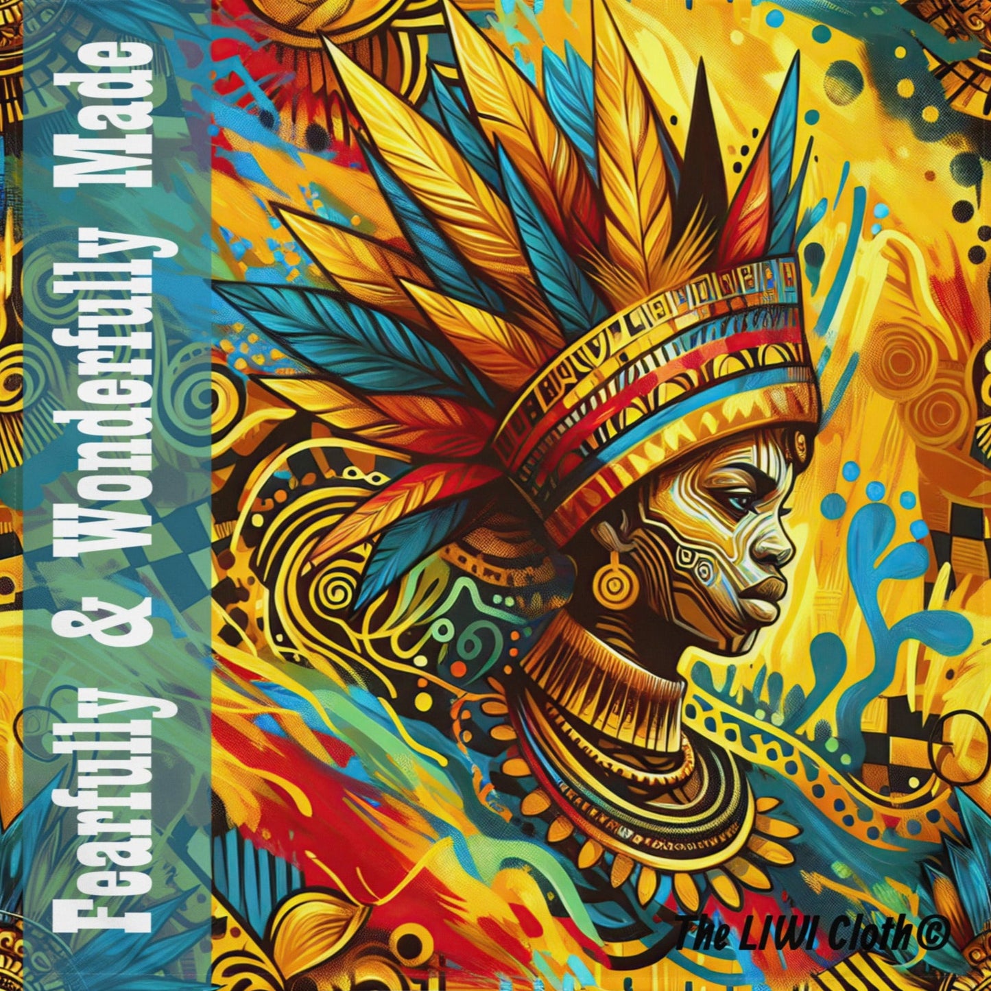 Front of African themed LIWI Cloth with image of black woman wearing a crown with text saying 'Fearfully & Wondefully Made'