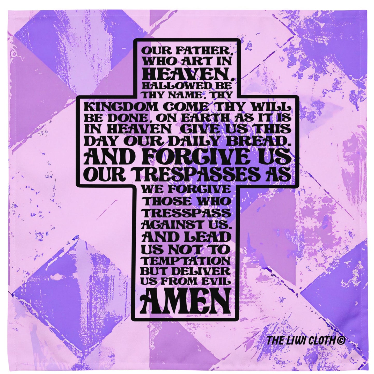 Front of LIWI lap cloth with purple abstract background and image of cross with Lord's prayer inside