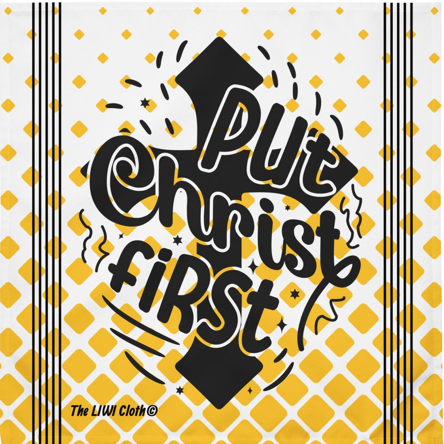 Front LIWI with text saying 'Put Christ First' above cross and yellow and white background