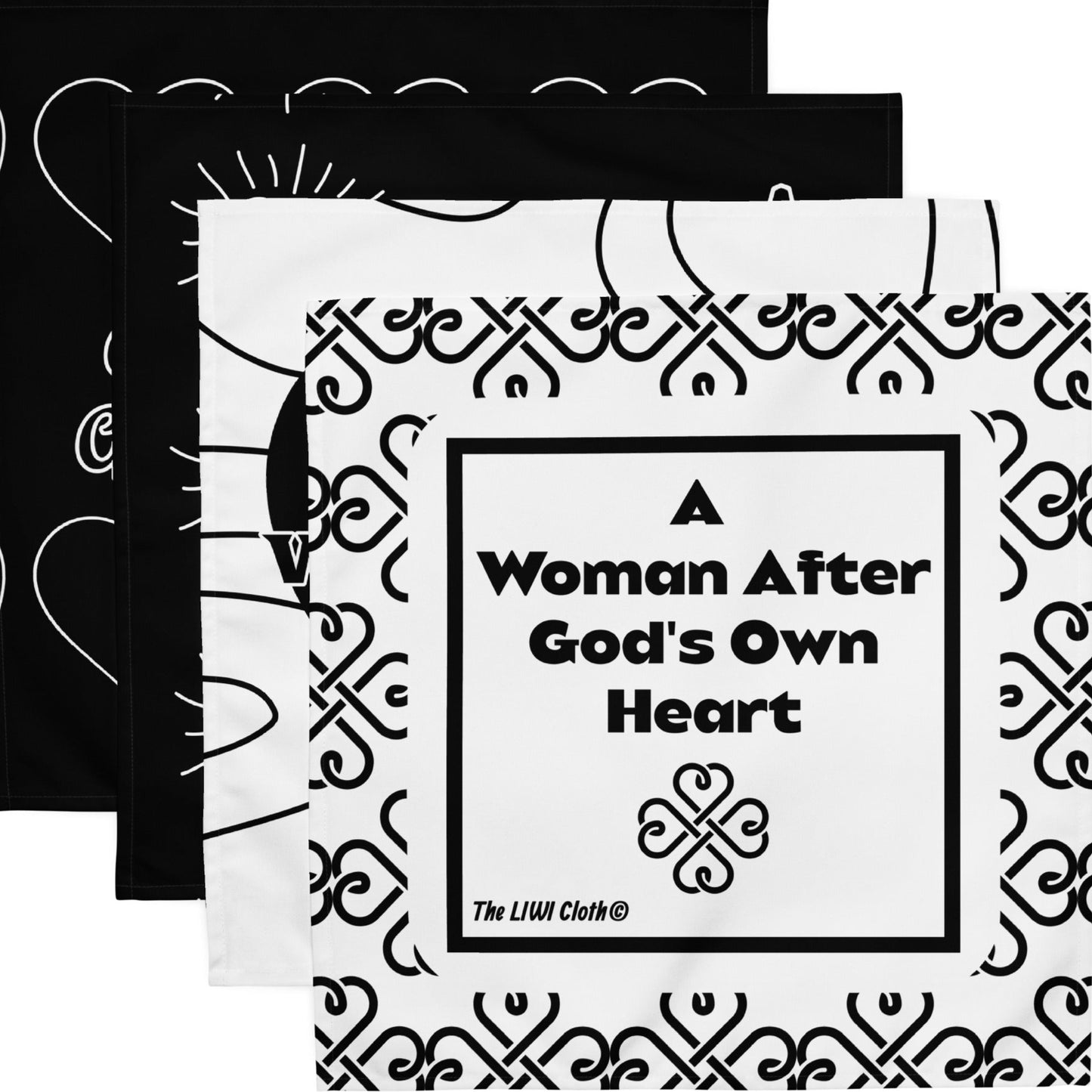 Front of four variety black and LIWIs with text 'a woman after God's own heart'
