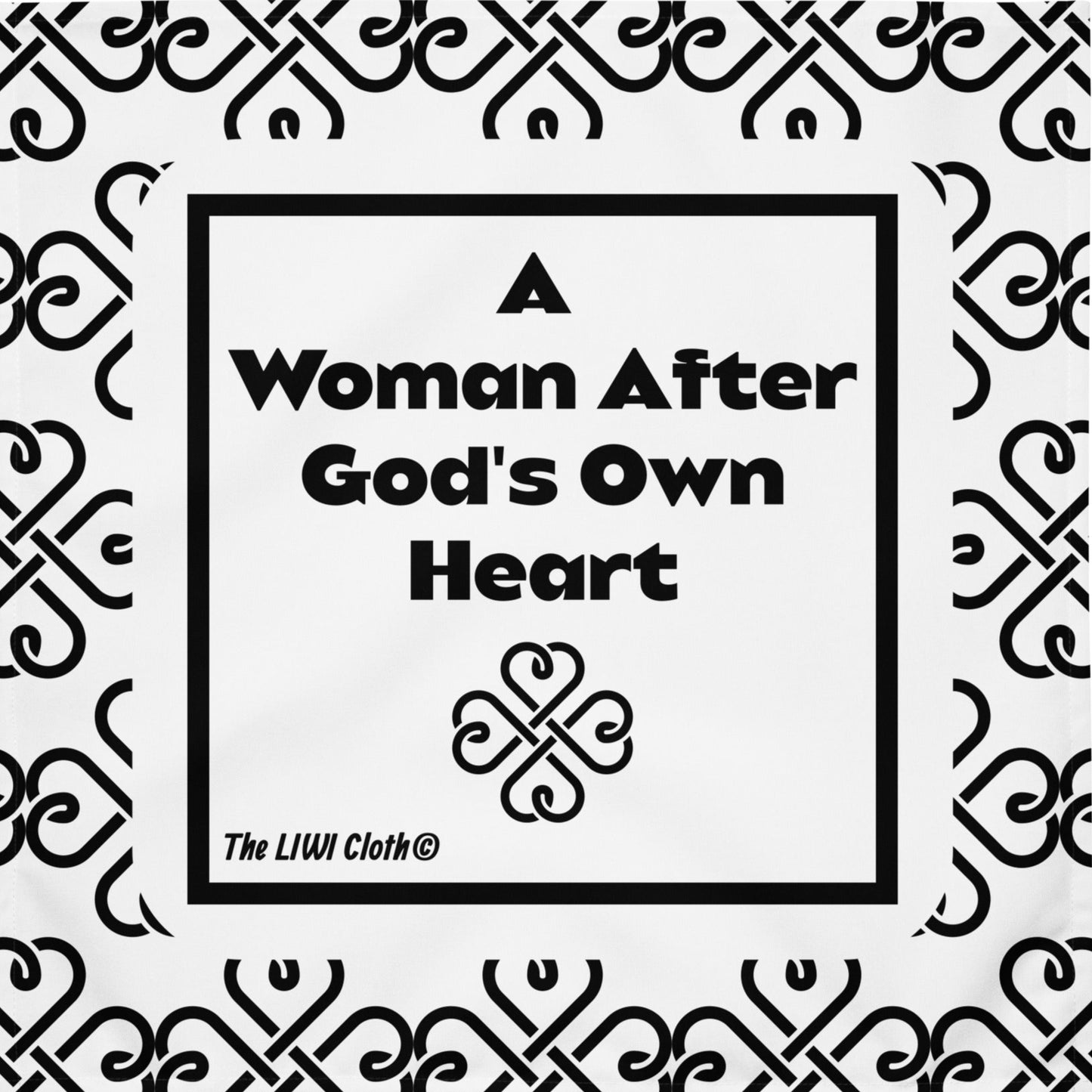 Front black and LIWIs with text 'a woman after God's own heart' with heart abstract pattern