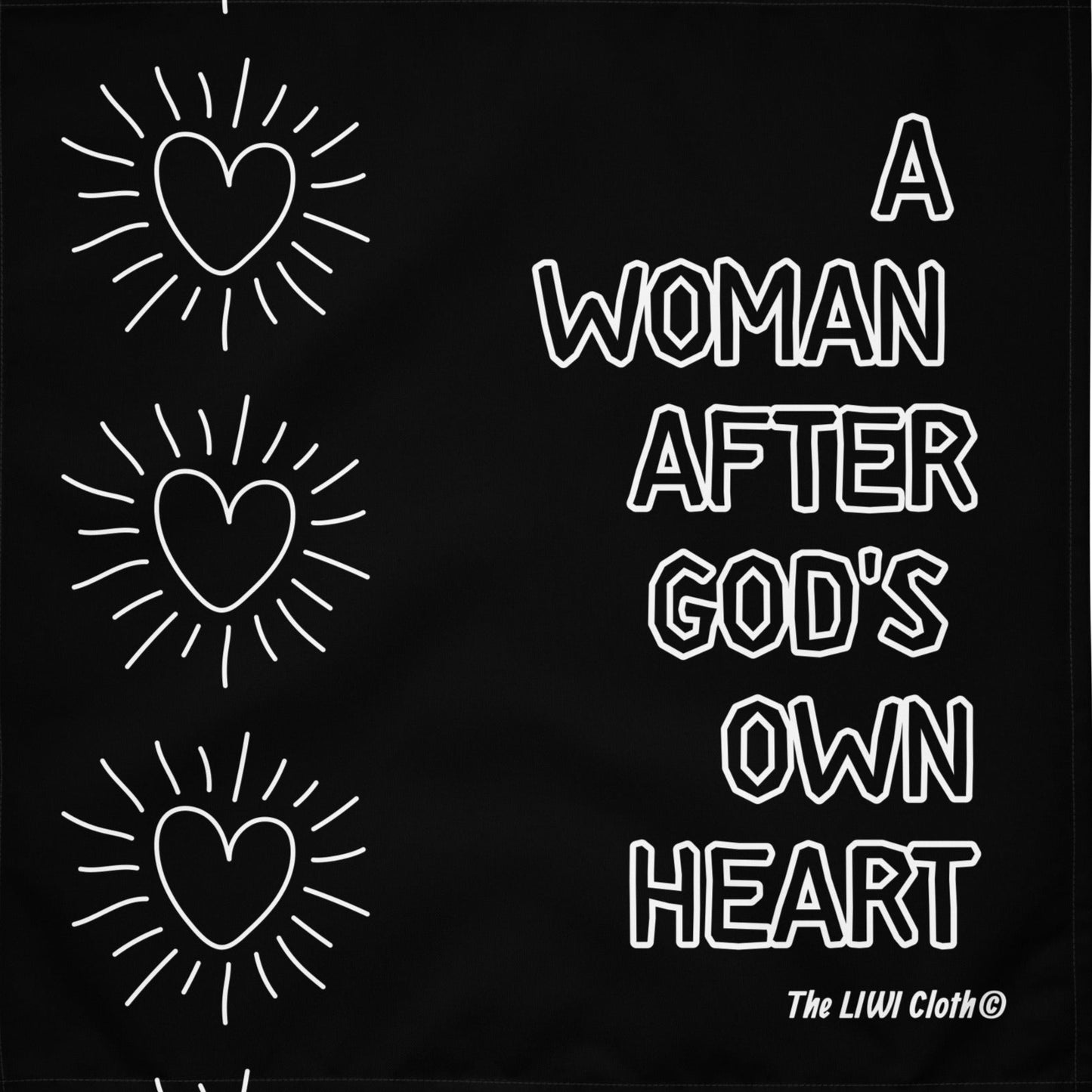 Front black and LIWIs with text 'a woman after God's own heart' with three vertical hearts pattern