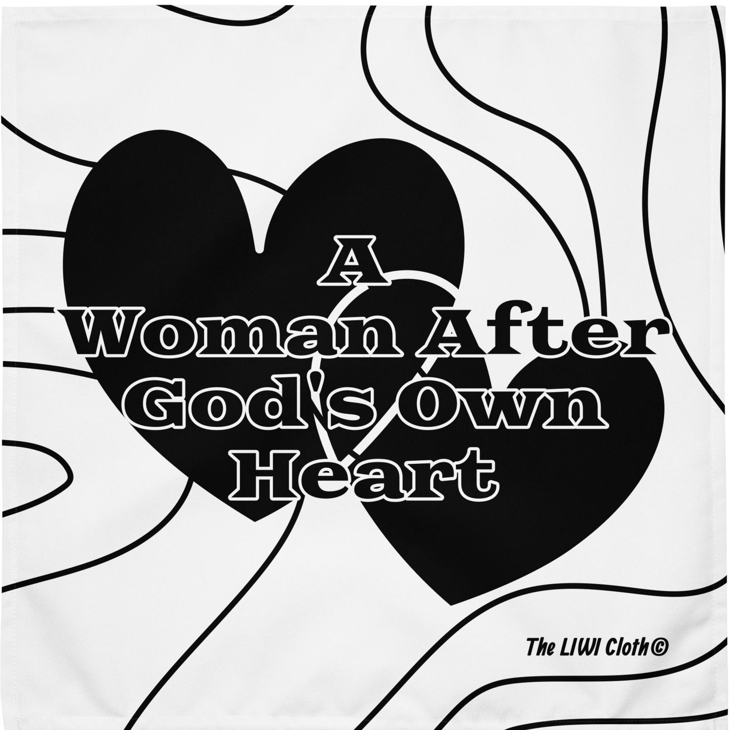 Front black and LIWI with text 'a woman after God's own heart' with 2 hearts in background