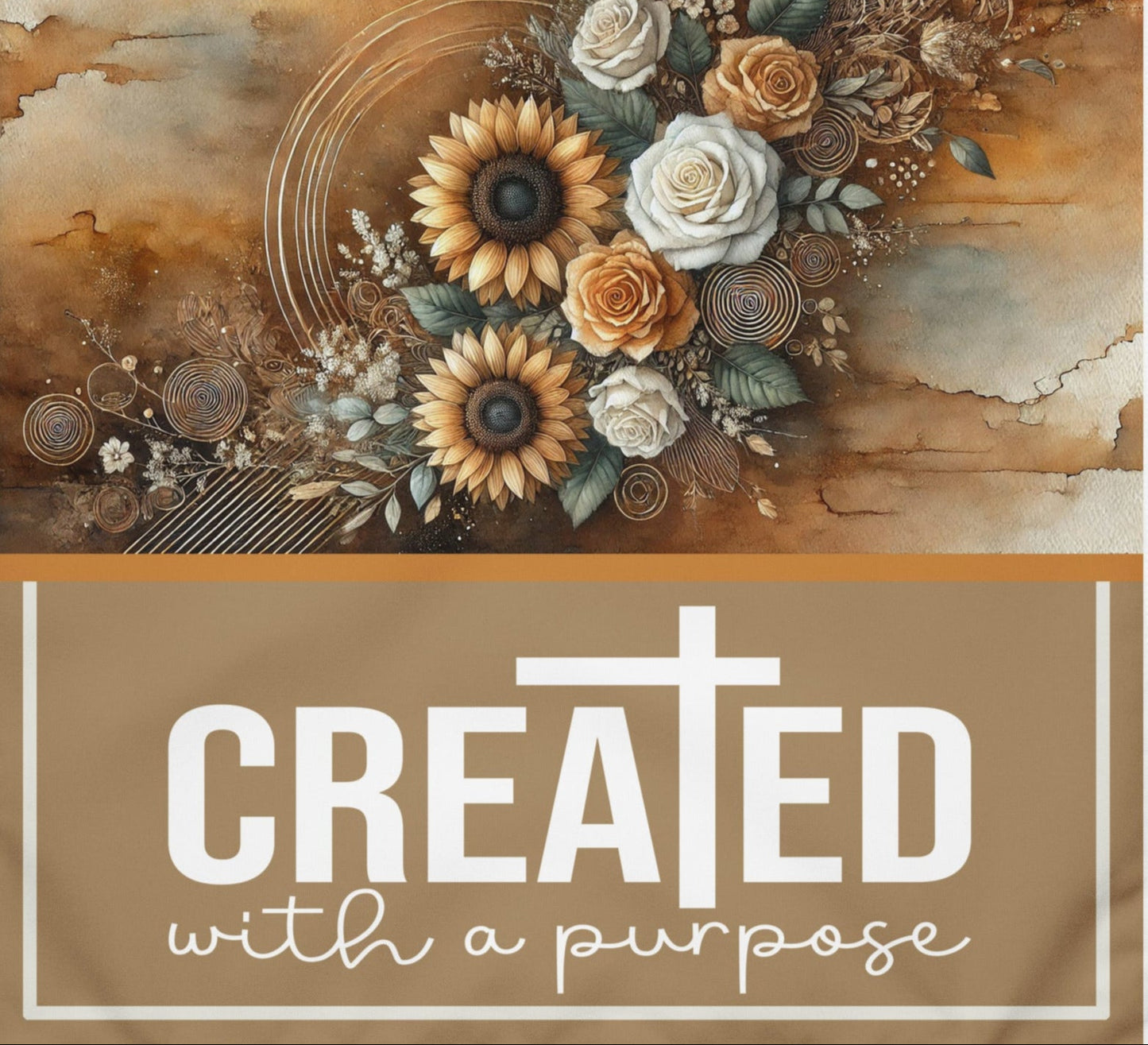 Front of LIWI cloth tan, orange, brown, beige floral background with text saying 'Created with a purpose'