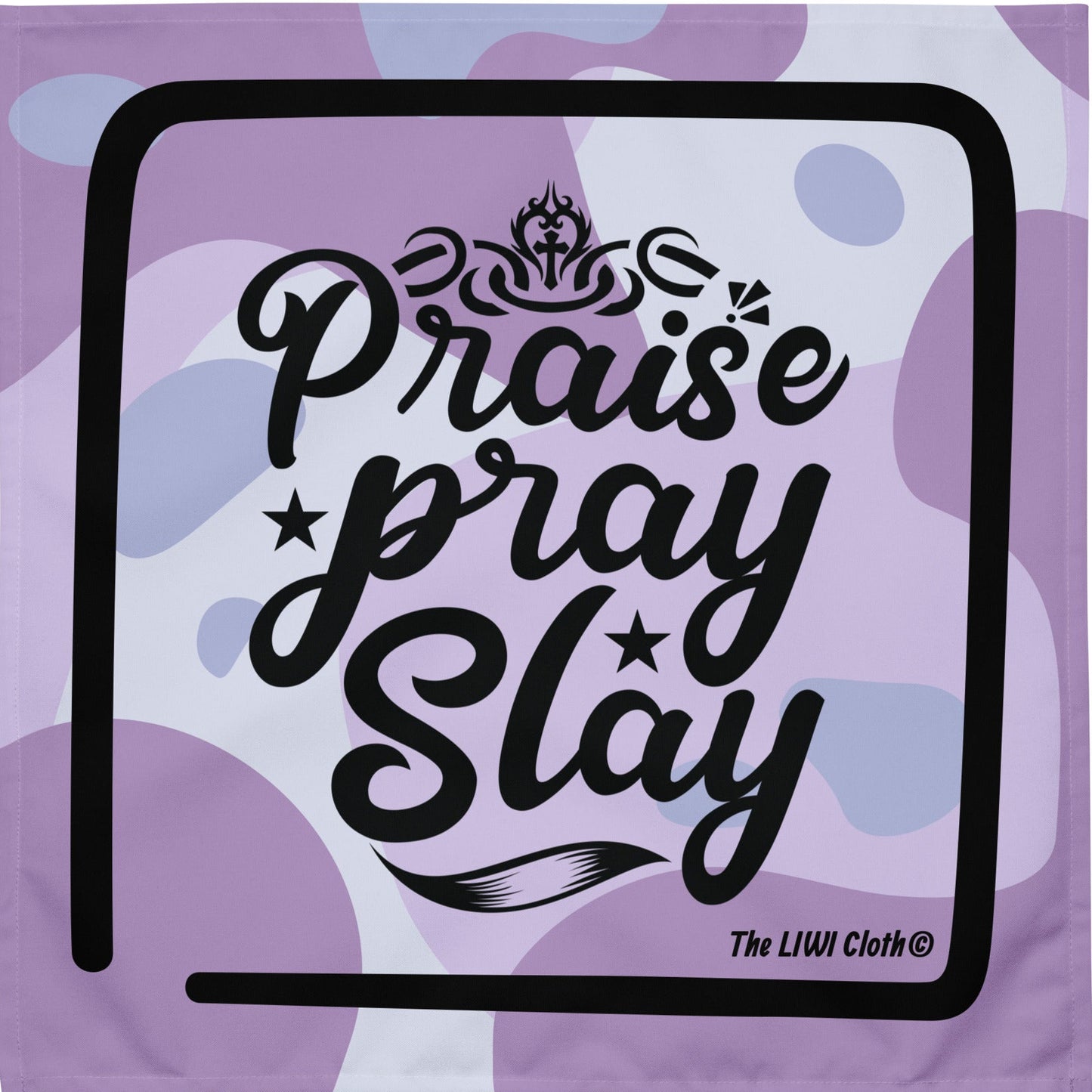 Front of LIWI with purple shaped background and text saying 'praise, pray, slay'
