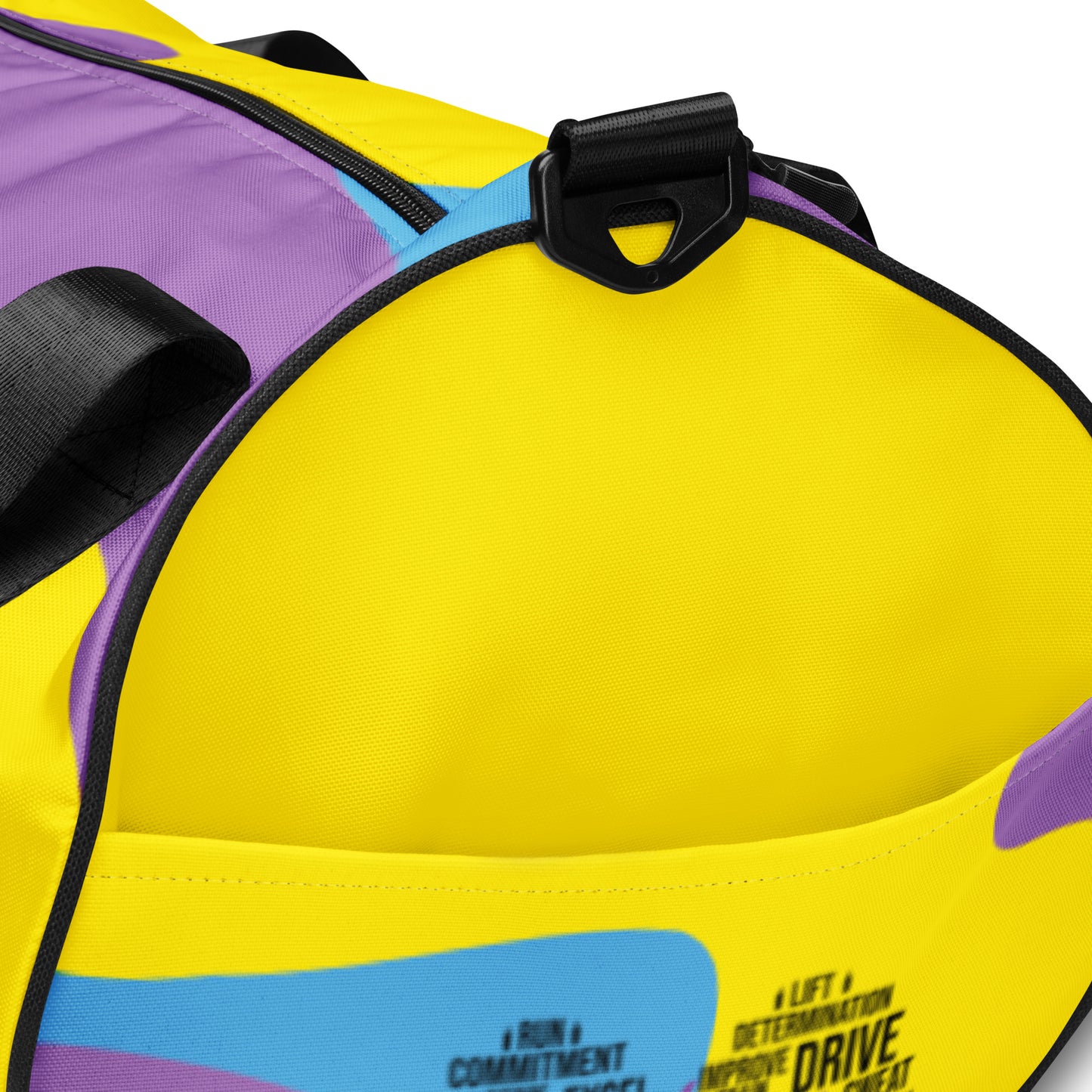 Detail t of multi-colored purple, gold, blue gym bag