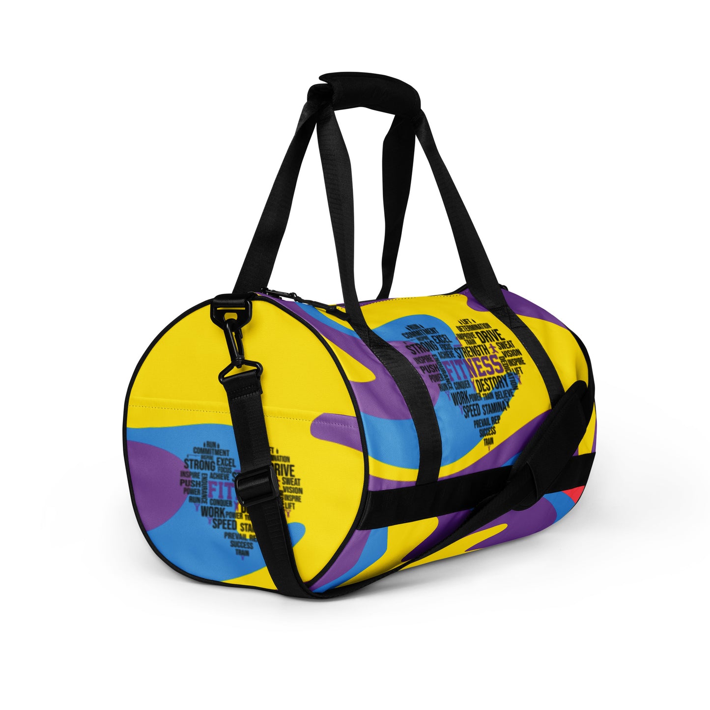 Right front of multi-colored purple, gold, blue gym bag with heart icon saying 'fitness' in center