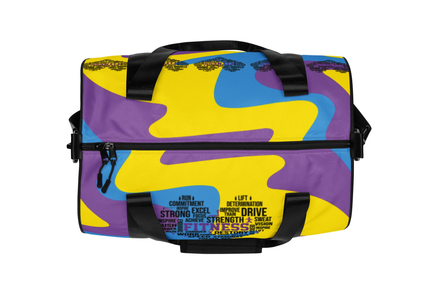 Top of multi-colored purple, gold, blue gym bag with heart icon saying 'fitness' in center