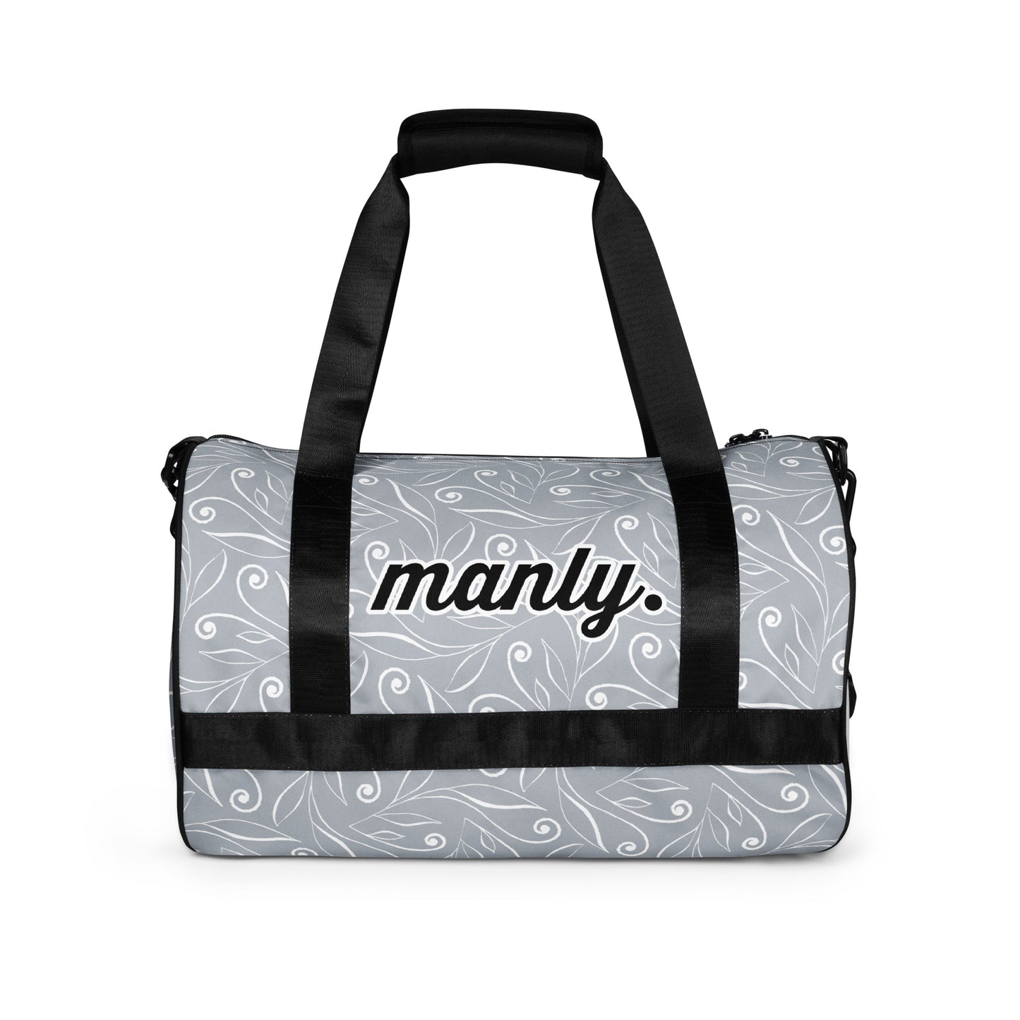 Back of light blue gym bag with blue swirl background and text 'manly'