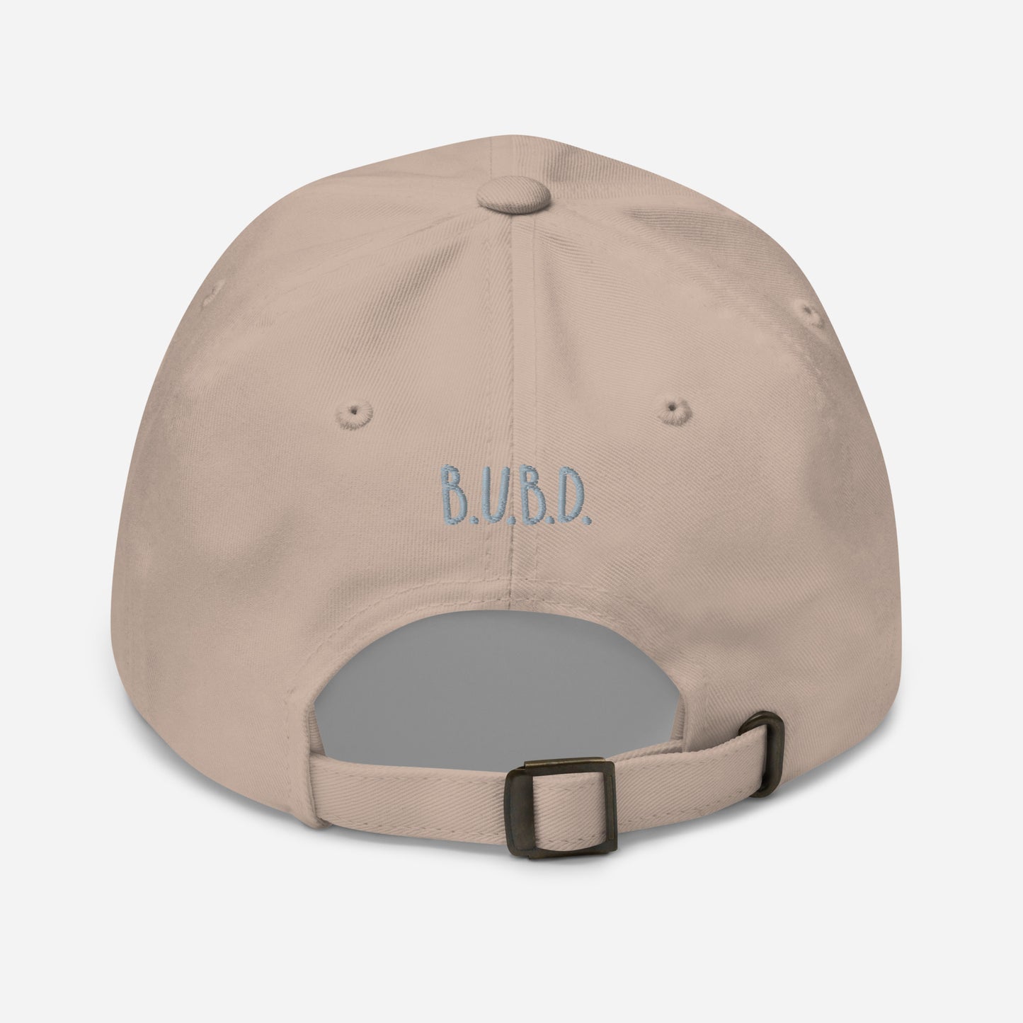 Back of stone dad hat with the business logo 'B.U.B.D.'