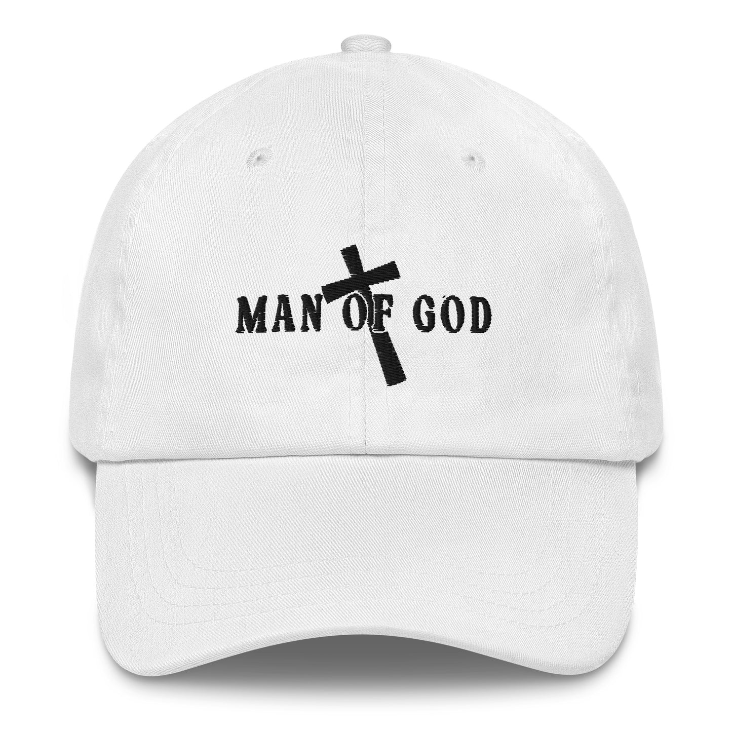 Front of white cool cap with embroidered black symbol of Man of God and cross