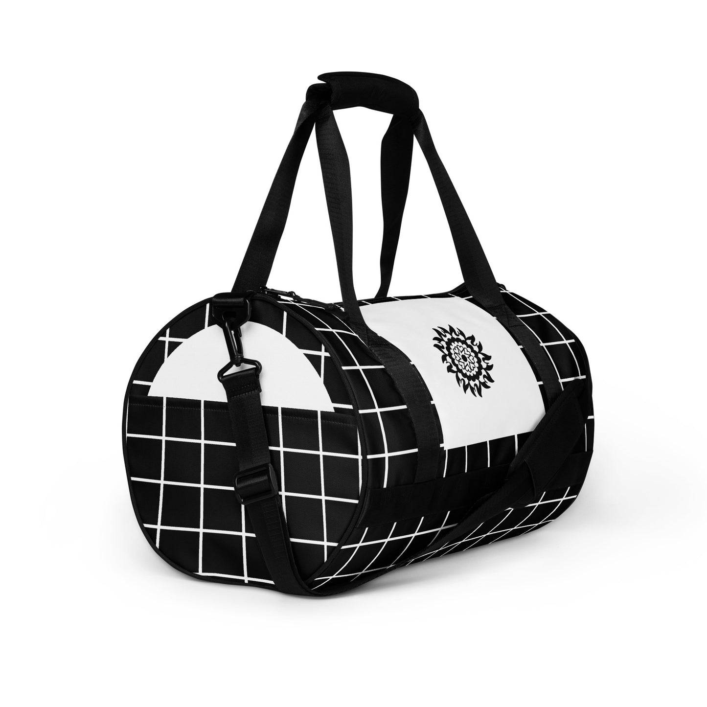 Right front of black and white print gym bag with black mandala