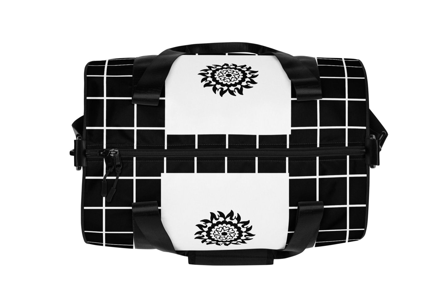 Top of black and white print gym bag with black mandala