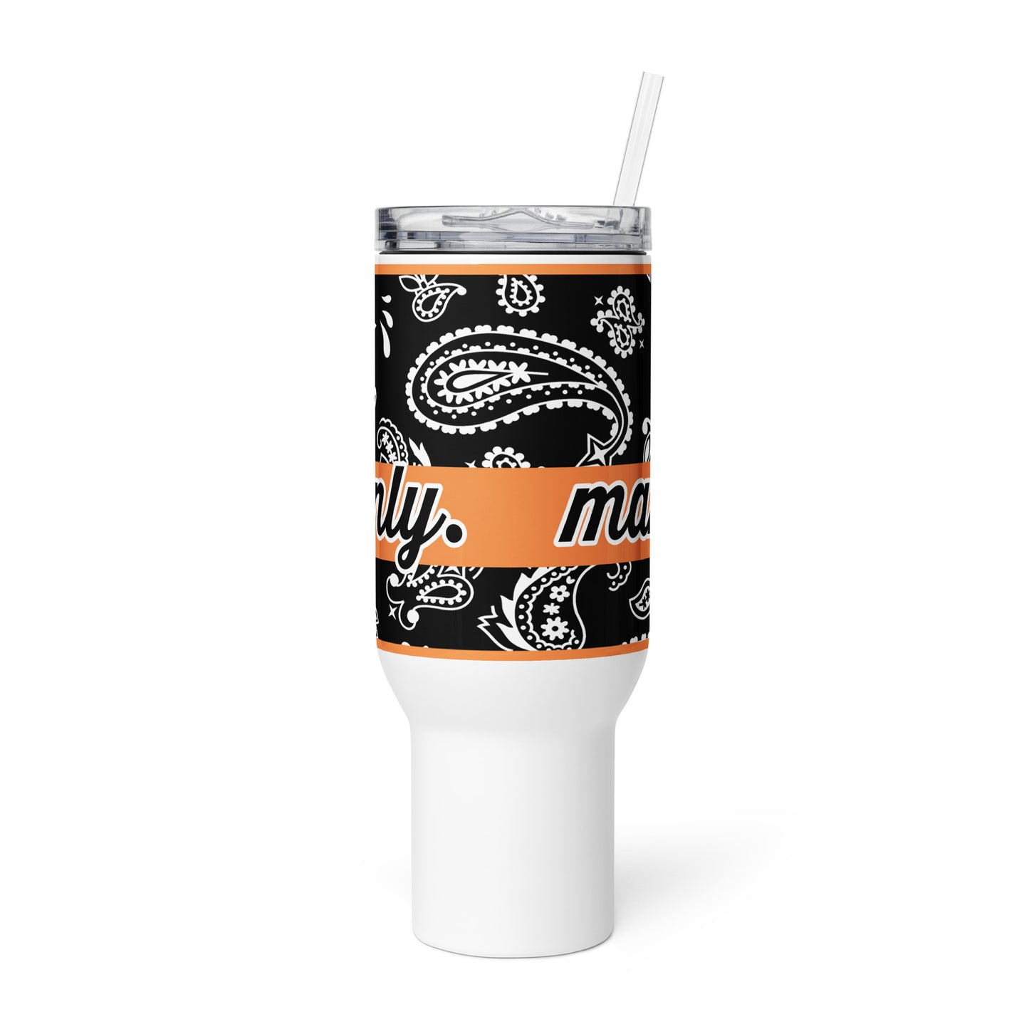 Front of travel mug with black and white paisley and word 'manly' on top of orange banner