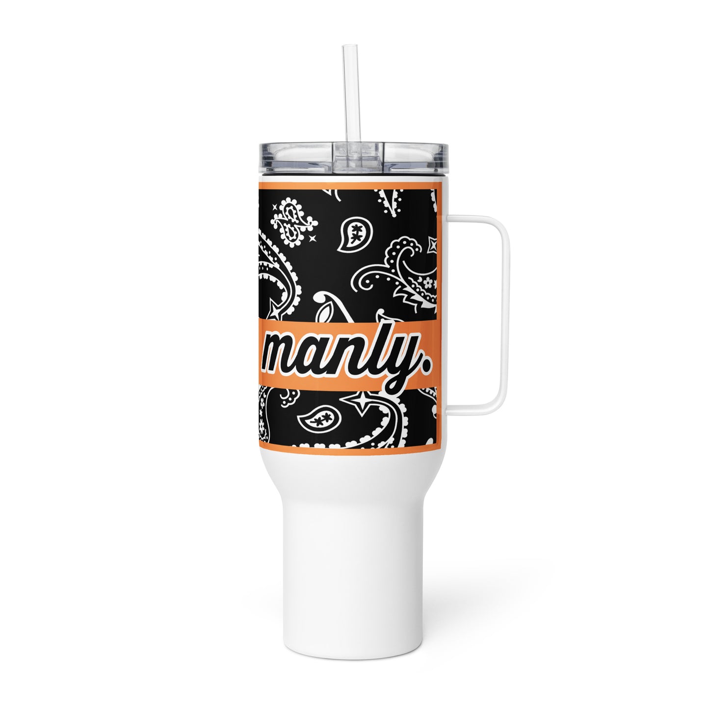 Left of travel mug with black and white paisley and word 'manly' on top of orange banner