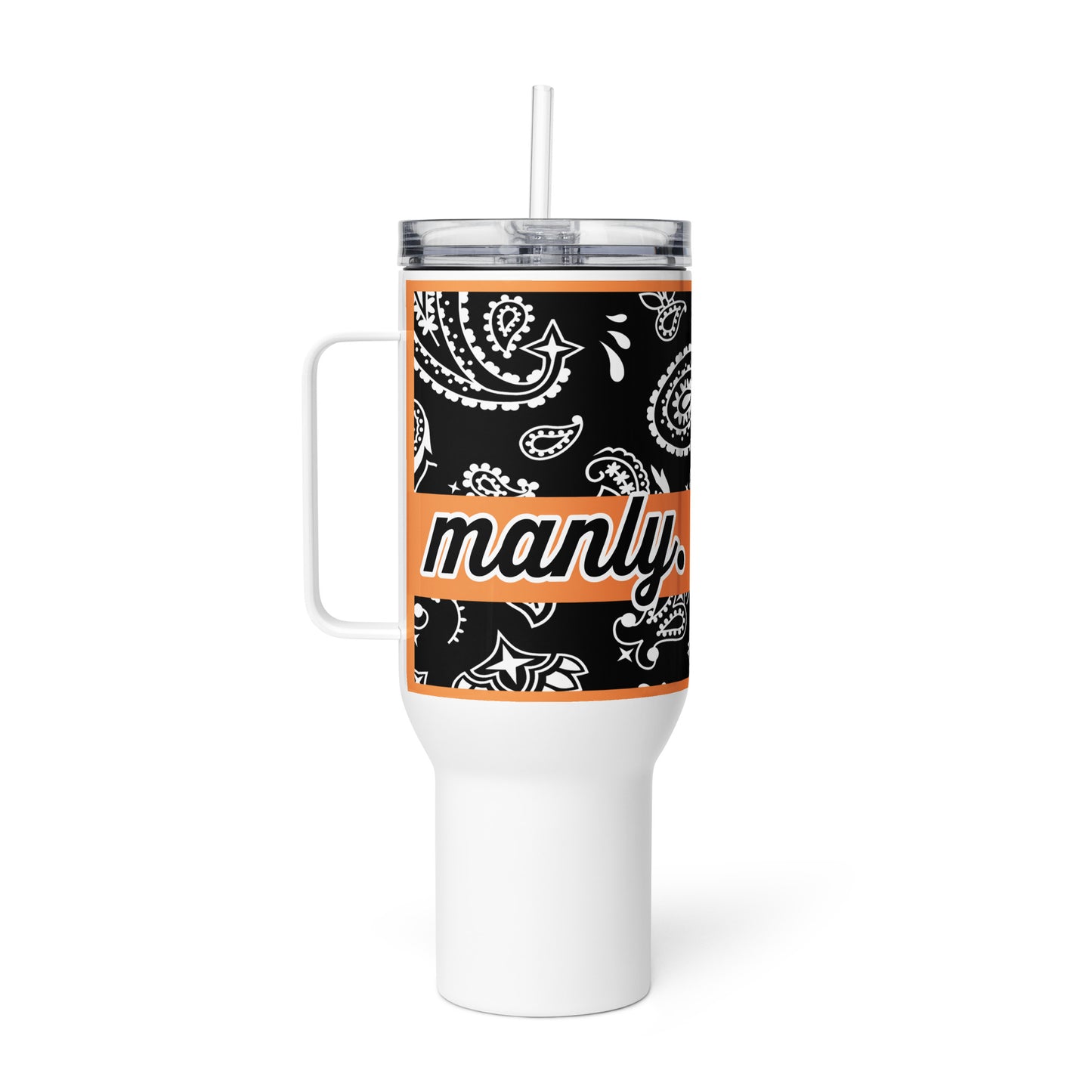 Right of travel mug with black and white paisley and word 'manly' on top of orange banner