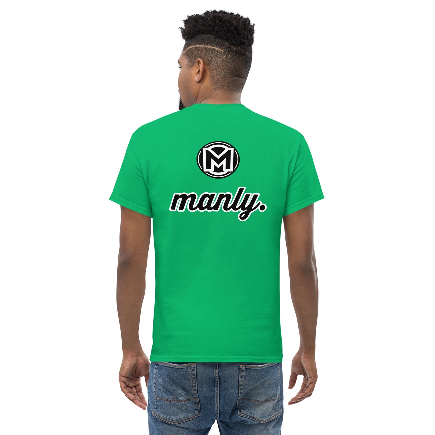 Back of Irish green Manly t-shirt with M logo and text 'Manly.