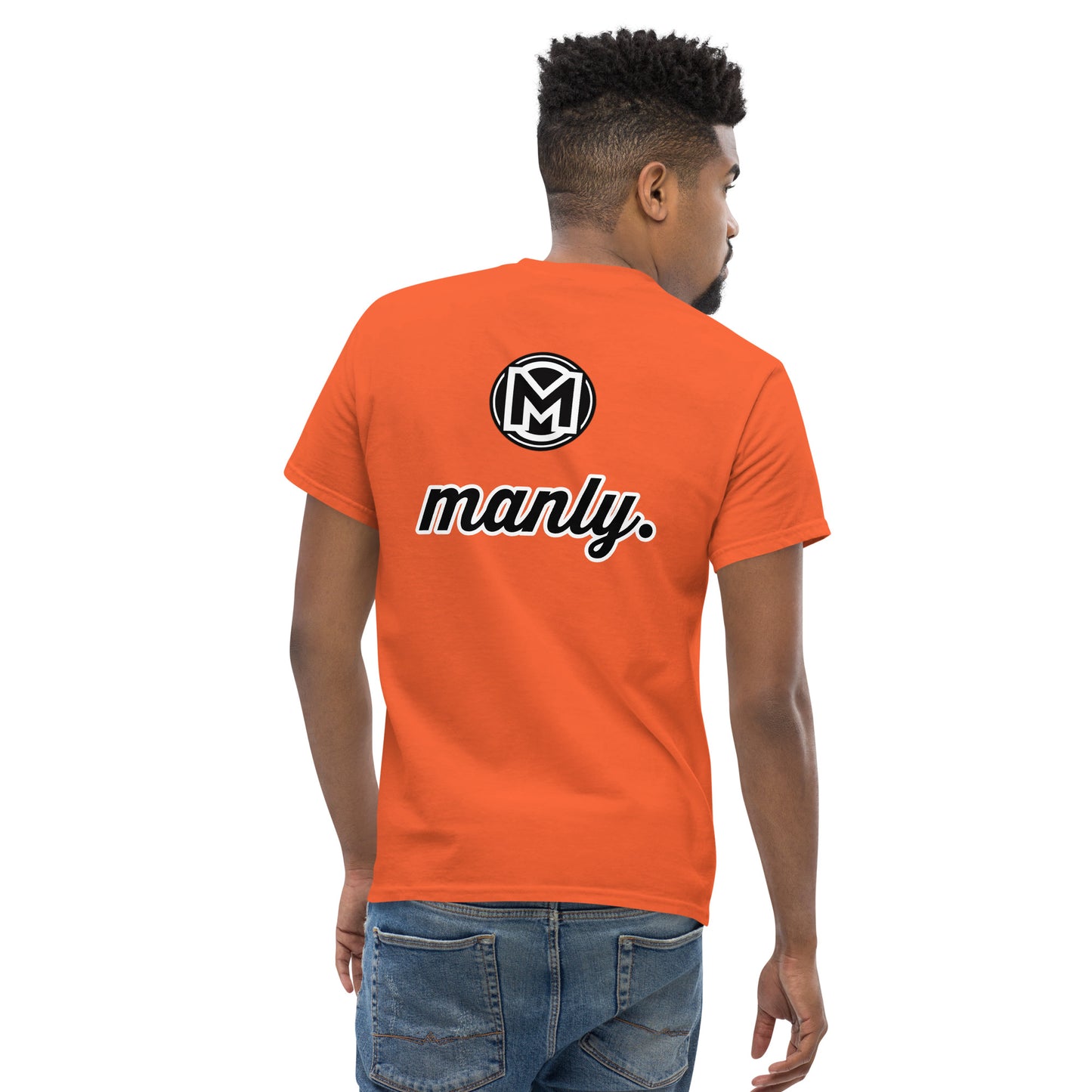 Back of orange Manly t-shirt with M logo and text 'Manly.
