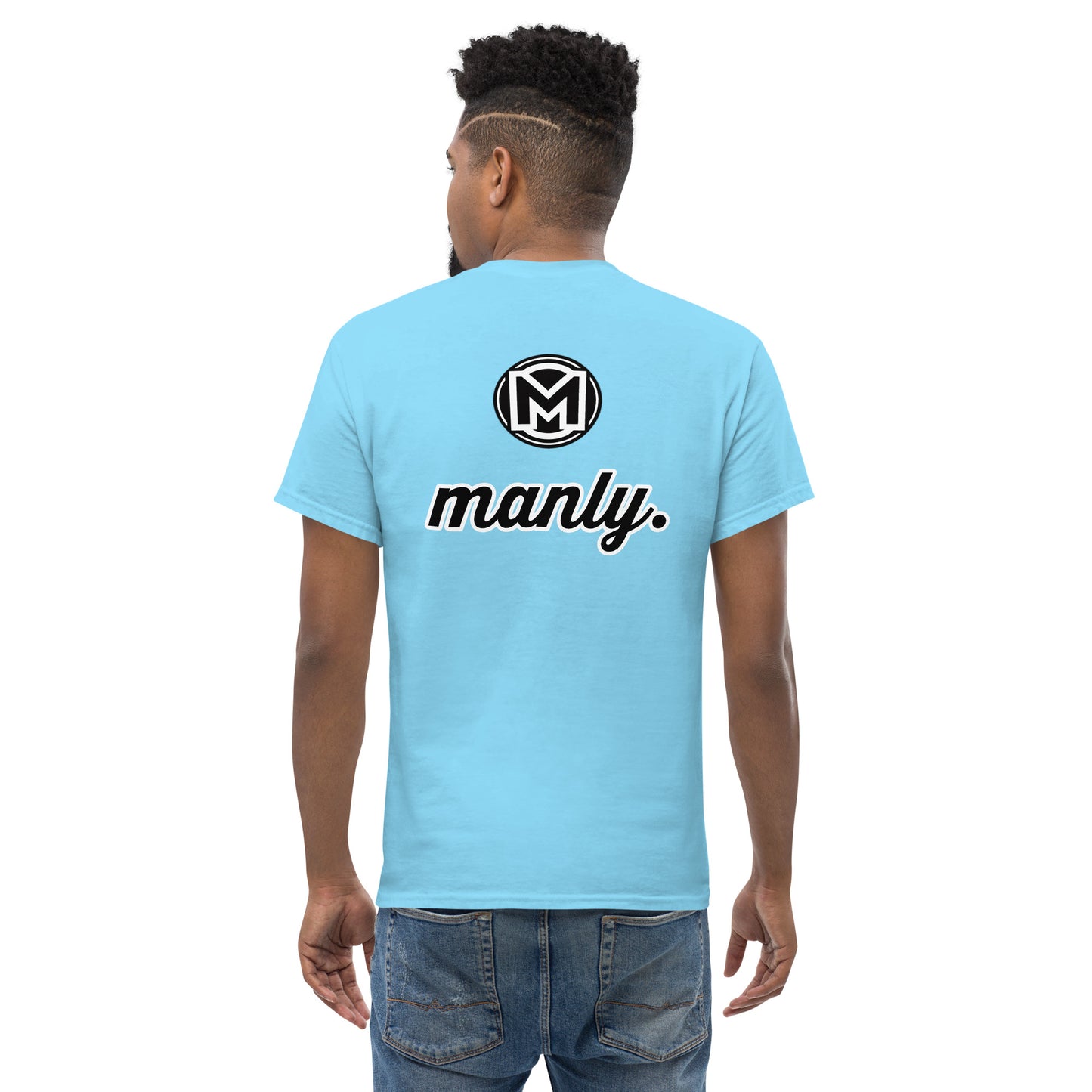Back of sky Manly t-shirt with M logo and text 'Manly.