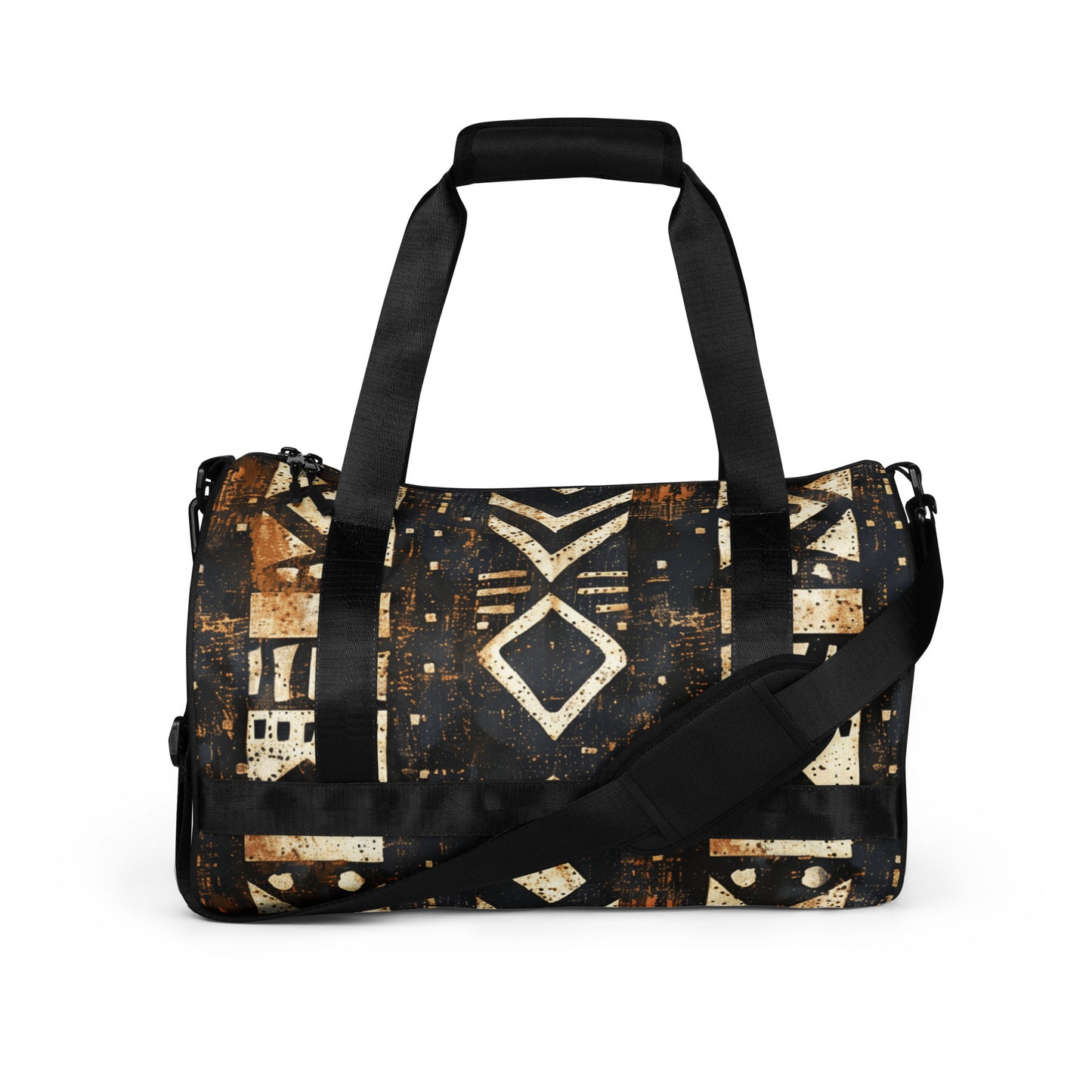 Front of black and brown African print gym bag