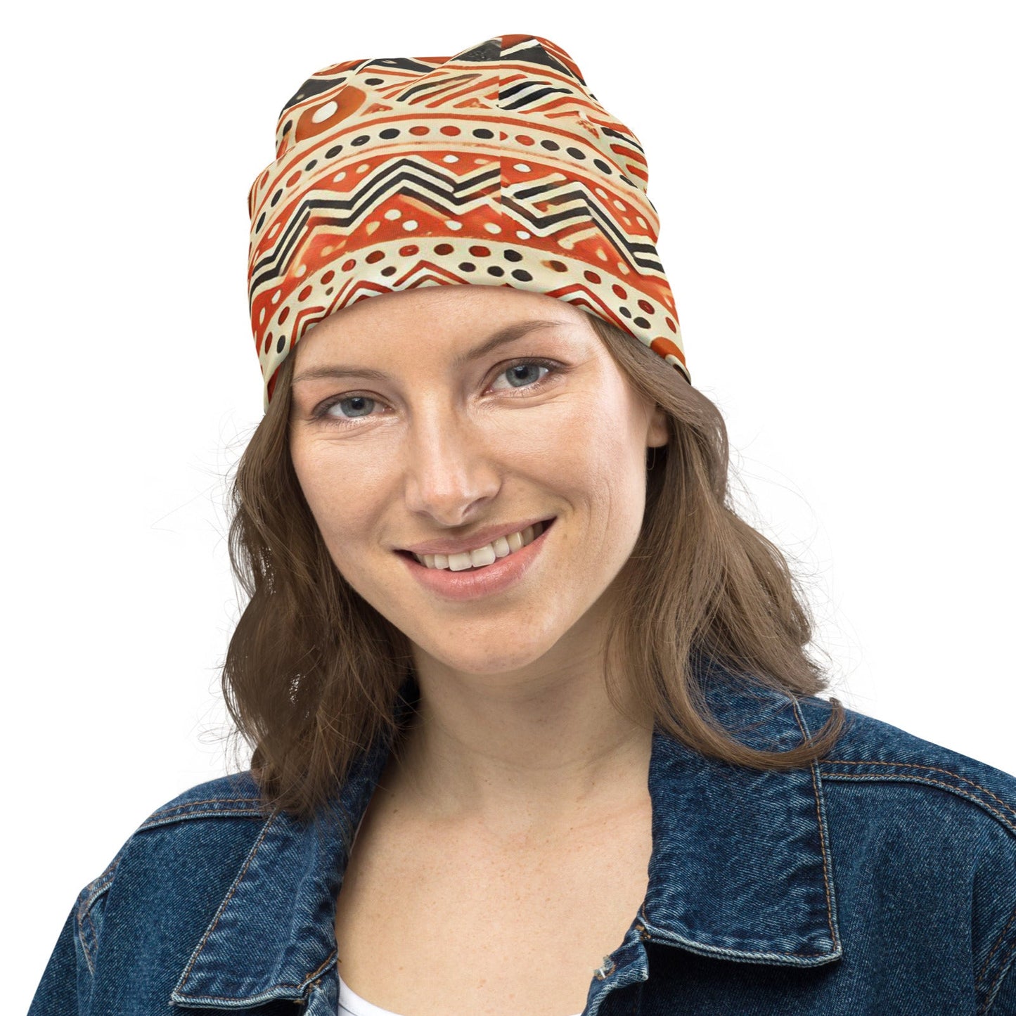 Front of orange patterned beanie