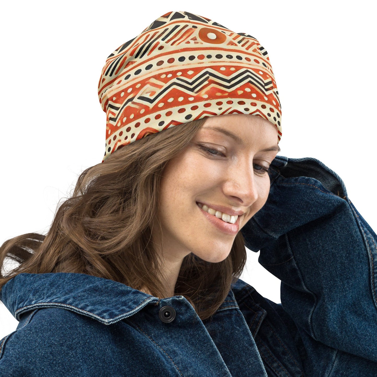 Right front of orange patterned beanie