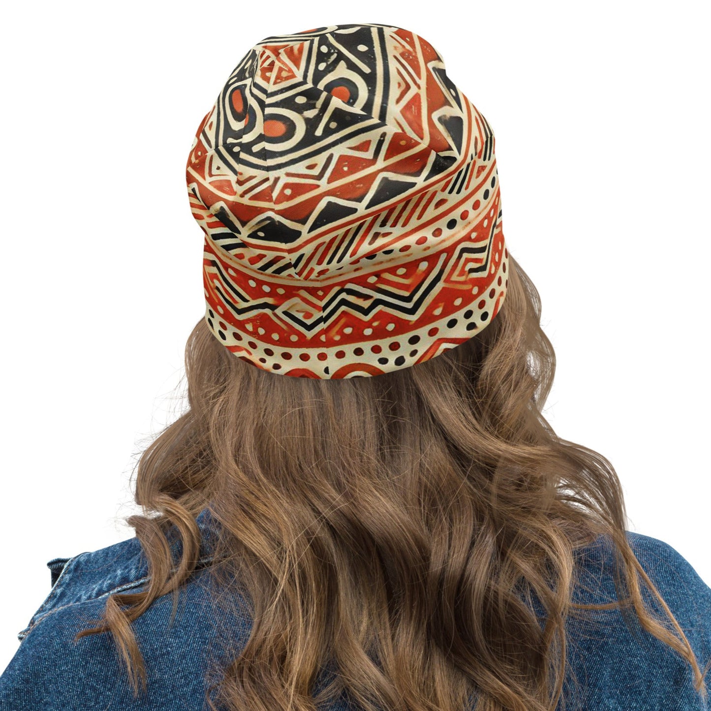 Back of orange patterned beanie