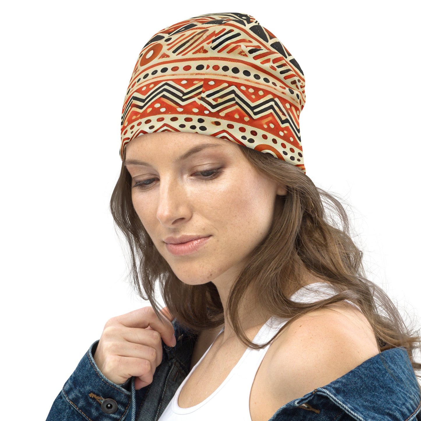 Left front of orange patterned beanie