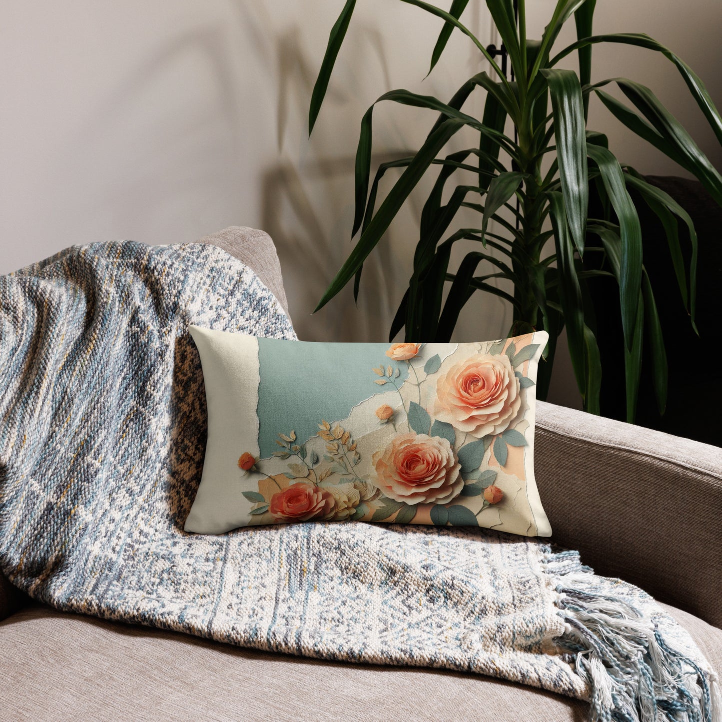 Back of peach, teal, and cream floral throw 20 x 12 pillow