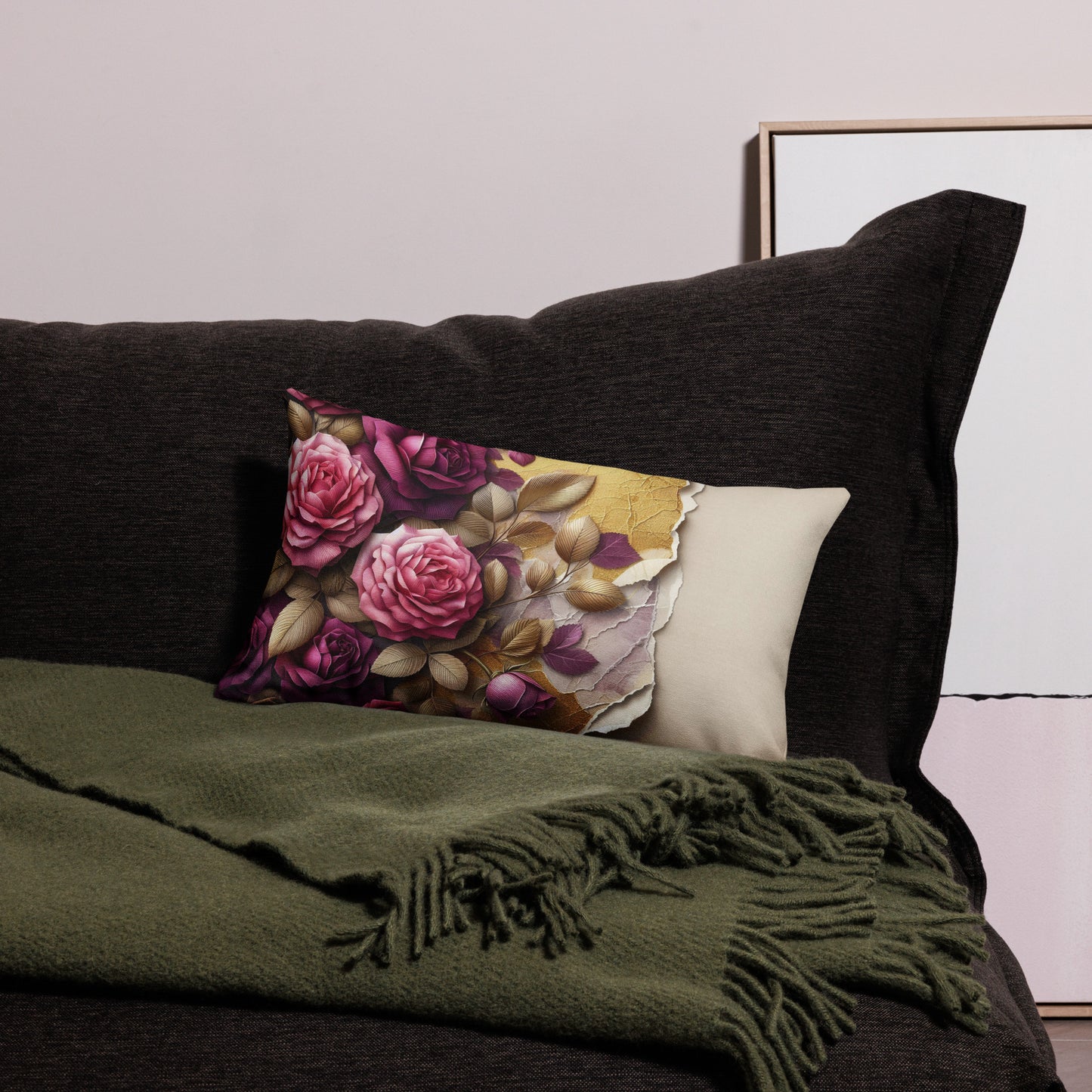 Front of purple, lilac and cream floral throw 20 x 12 pillow