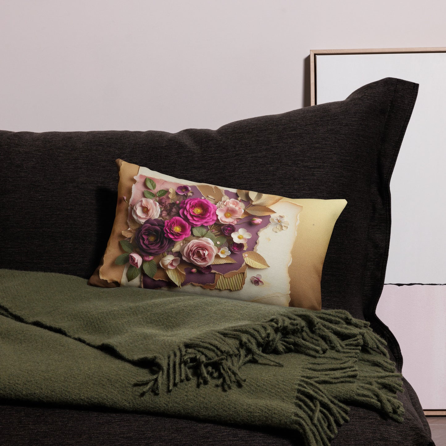 Back of pink, purple, and cream floral throw 20 x 12 pillow