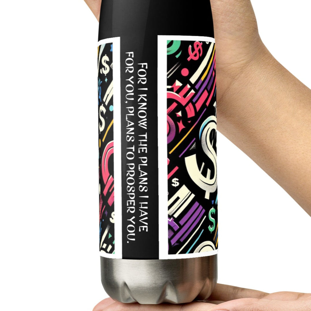 Close up of back of black stainless steel water bottle with dollar signed colorful background with text from Jeremiah 29:11