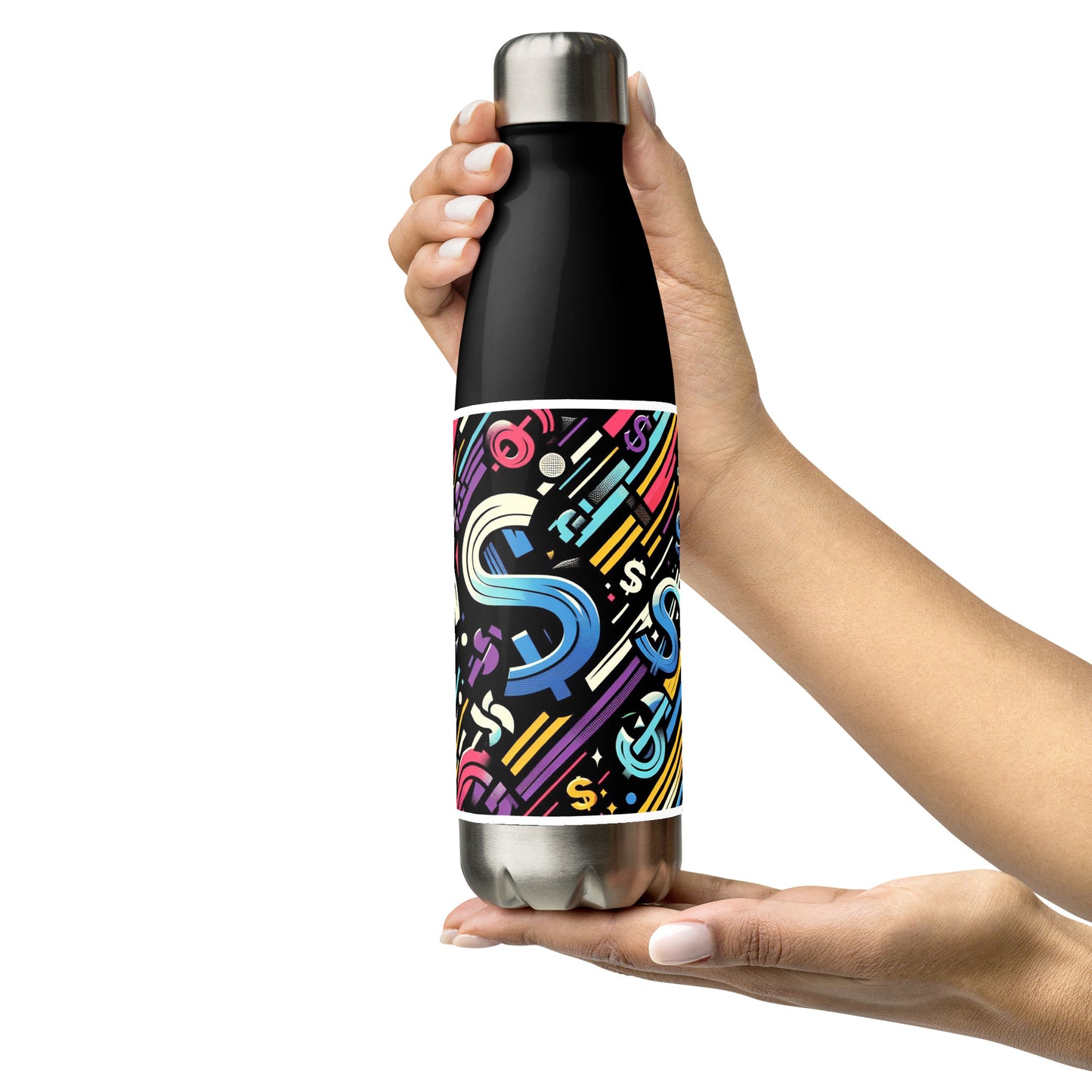 Front of black stainless steel water bottle with dollar signed colorful background