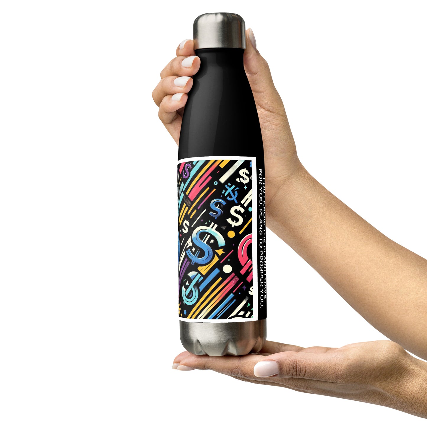 Left of black stainless steel water bottle with dollar signed colorful background