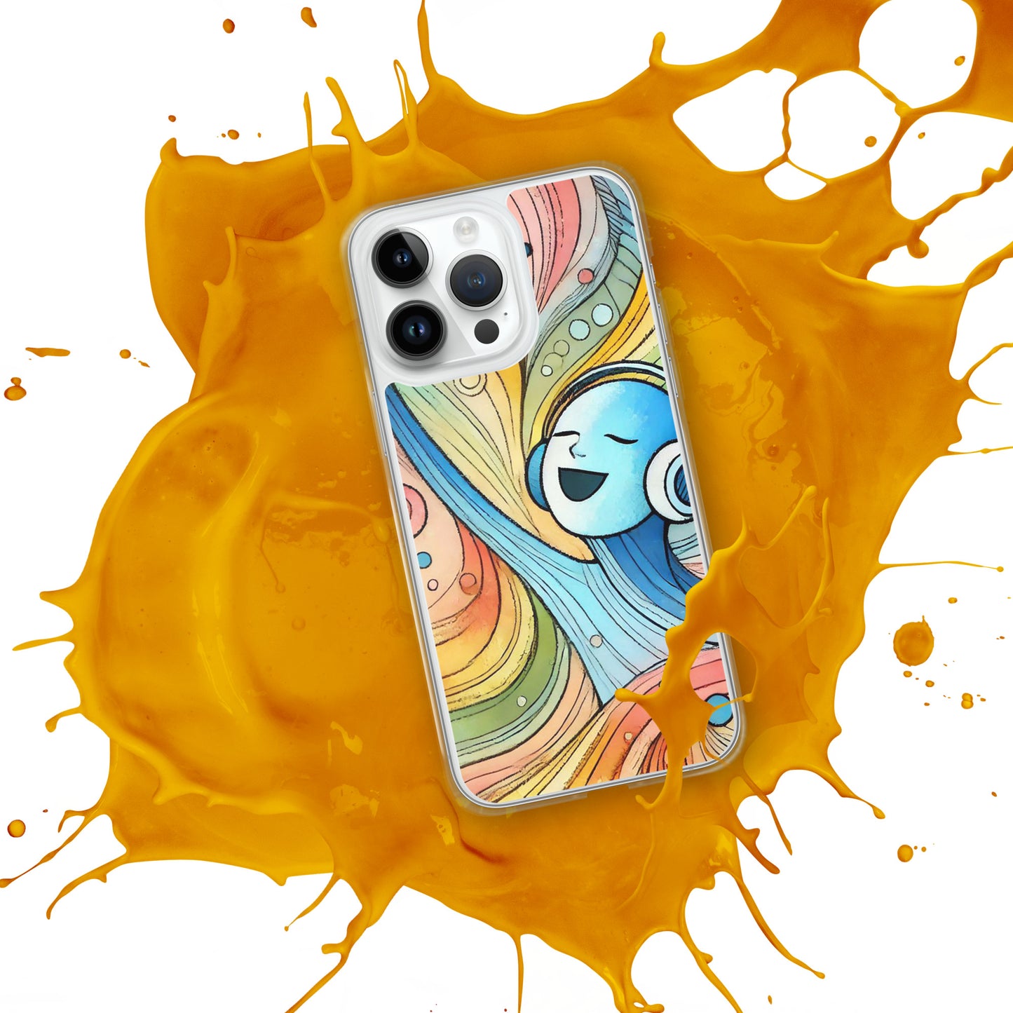 Front of iPhone 14 pro max clear case with colorful illustration of image happily singing and listening to music