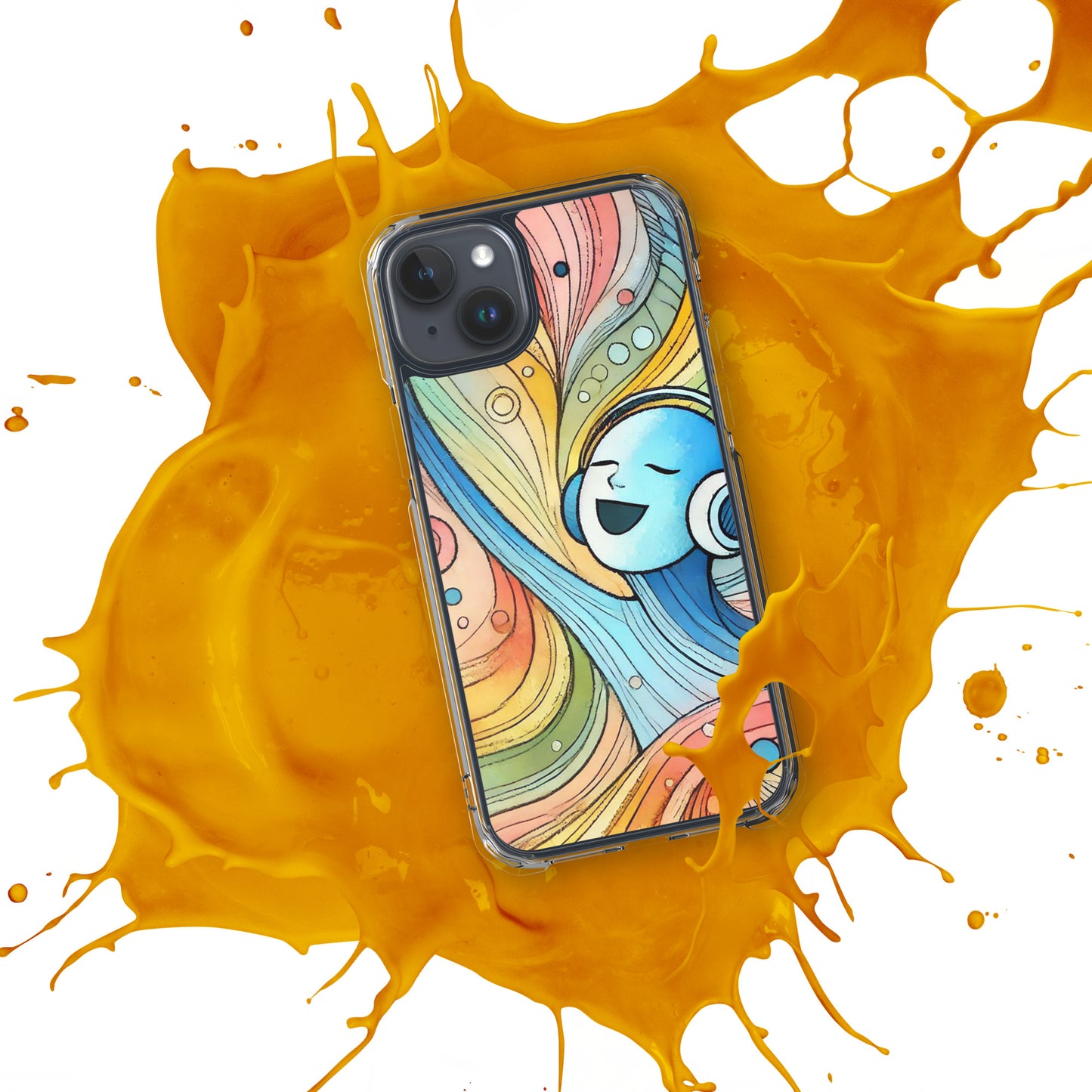 Front of iPhone 15 plus clear case with colorful illustration of image happily singing and listening to music
