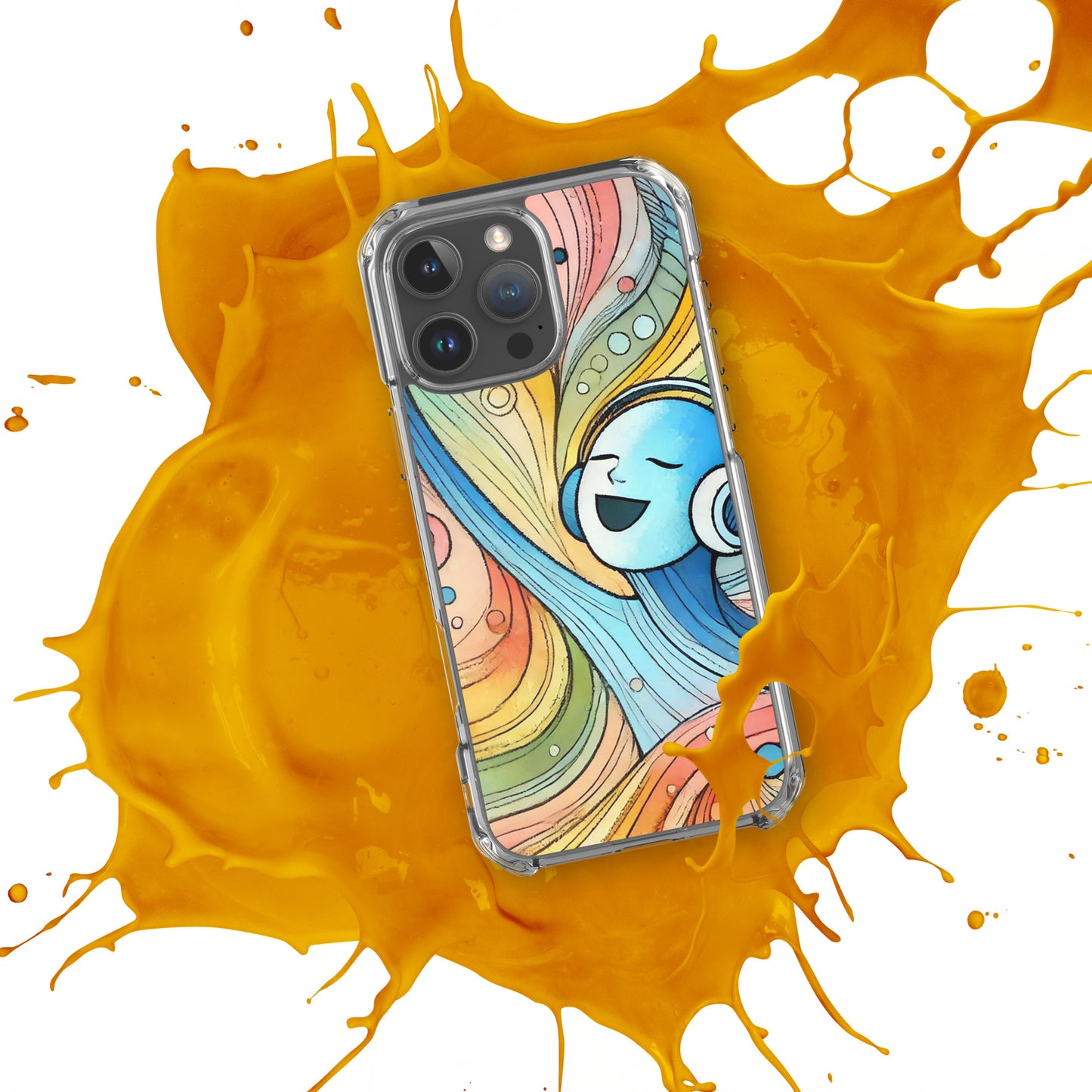 Front of iPhone 16 pro max clear case with colorful illustration of image happily singing and listening to music